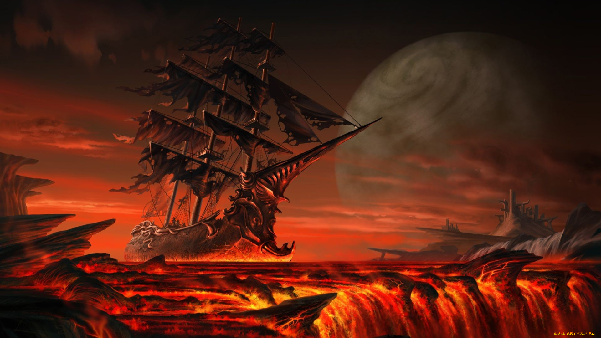 fantasy, ship, фэнтези, иные, миры, времена, корабль, багровые, небеса