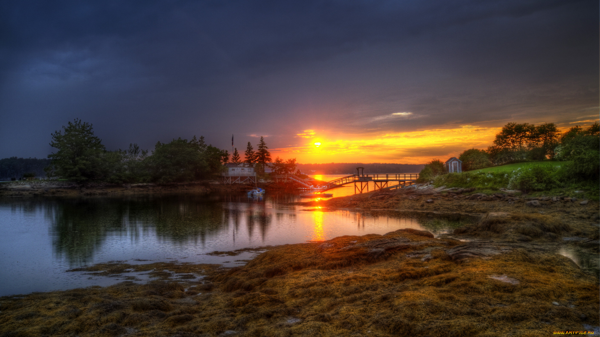 природа, восходы, закаты, озеро, дома, мост, остров
