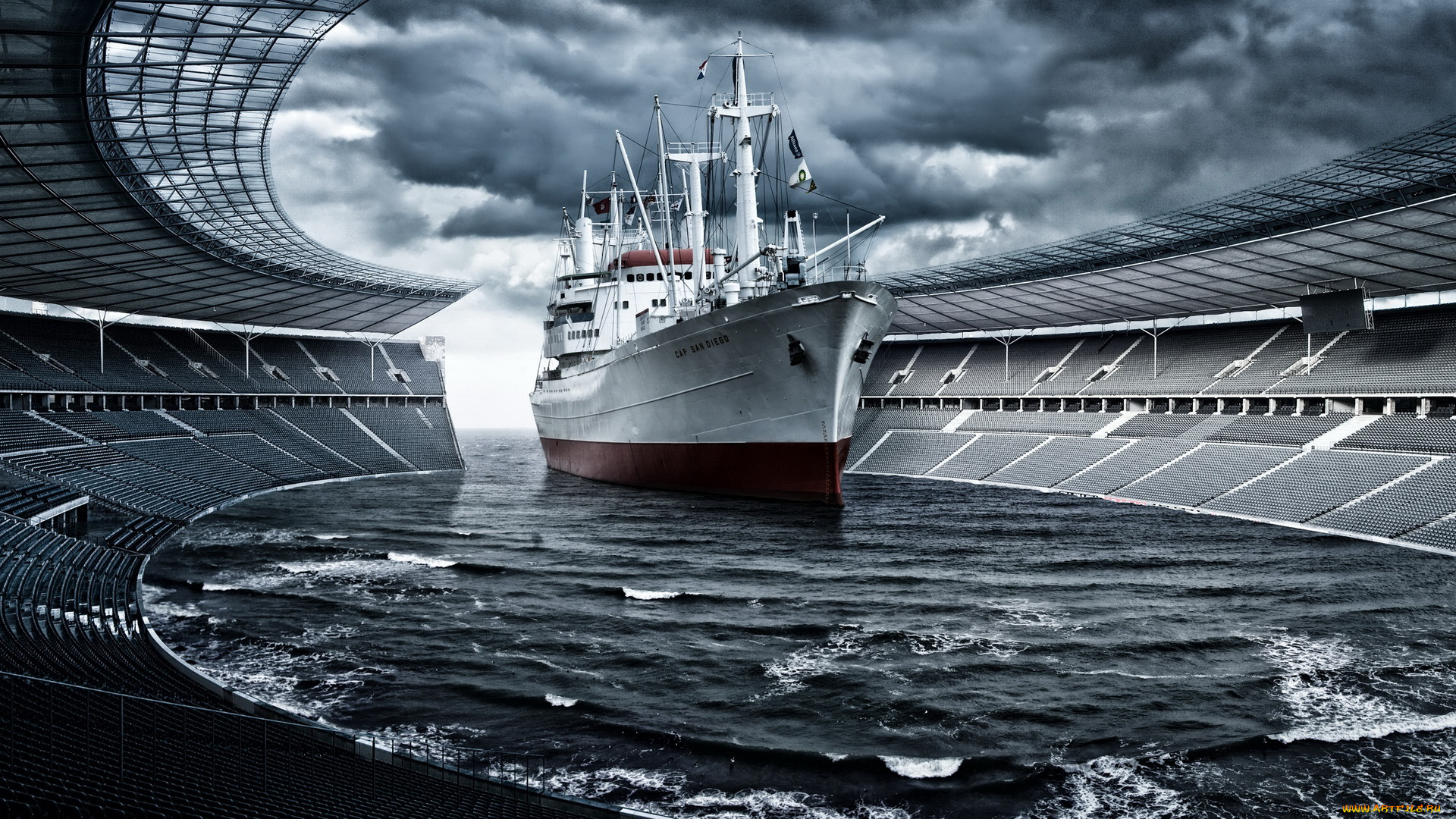 разное, компьютерный, дизайн, корабль, море, стадион