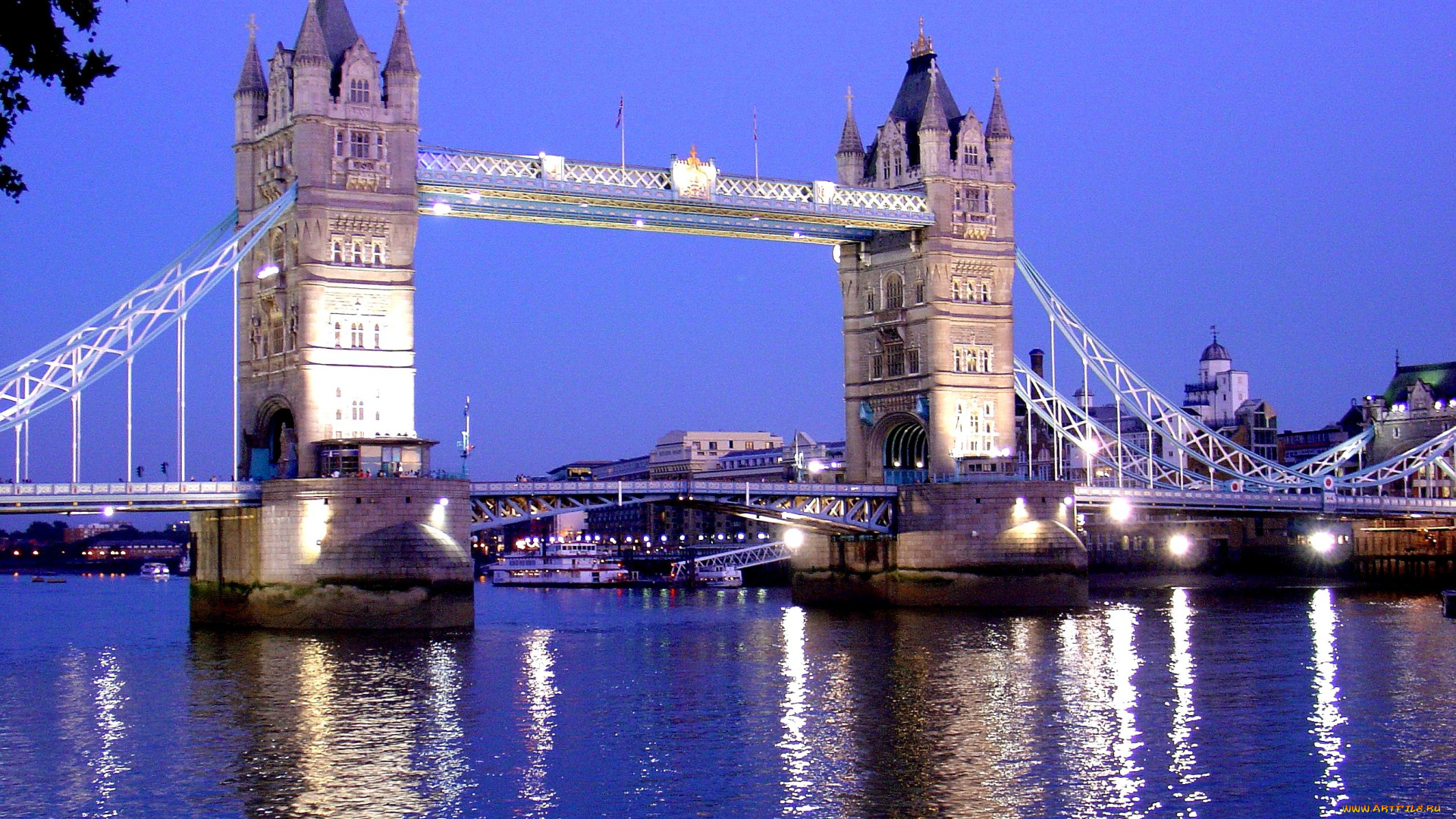 tower, bridge, at, night, города, лондон, великобритания, мост, тауэр, темза