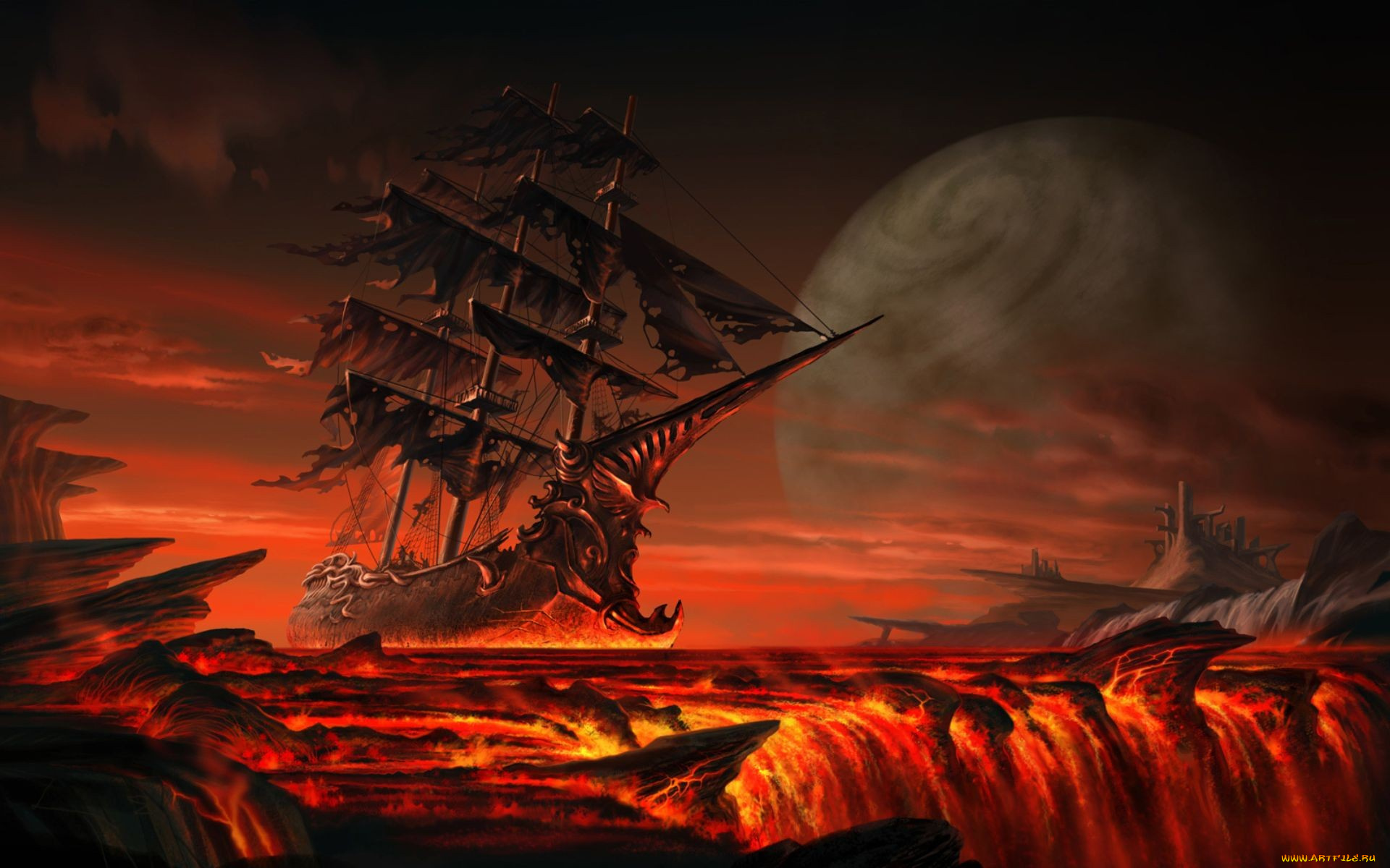 fantasy, ship, фэнтези, иные, миры, времена, корабль, багровые, небеса