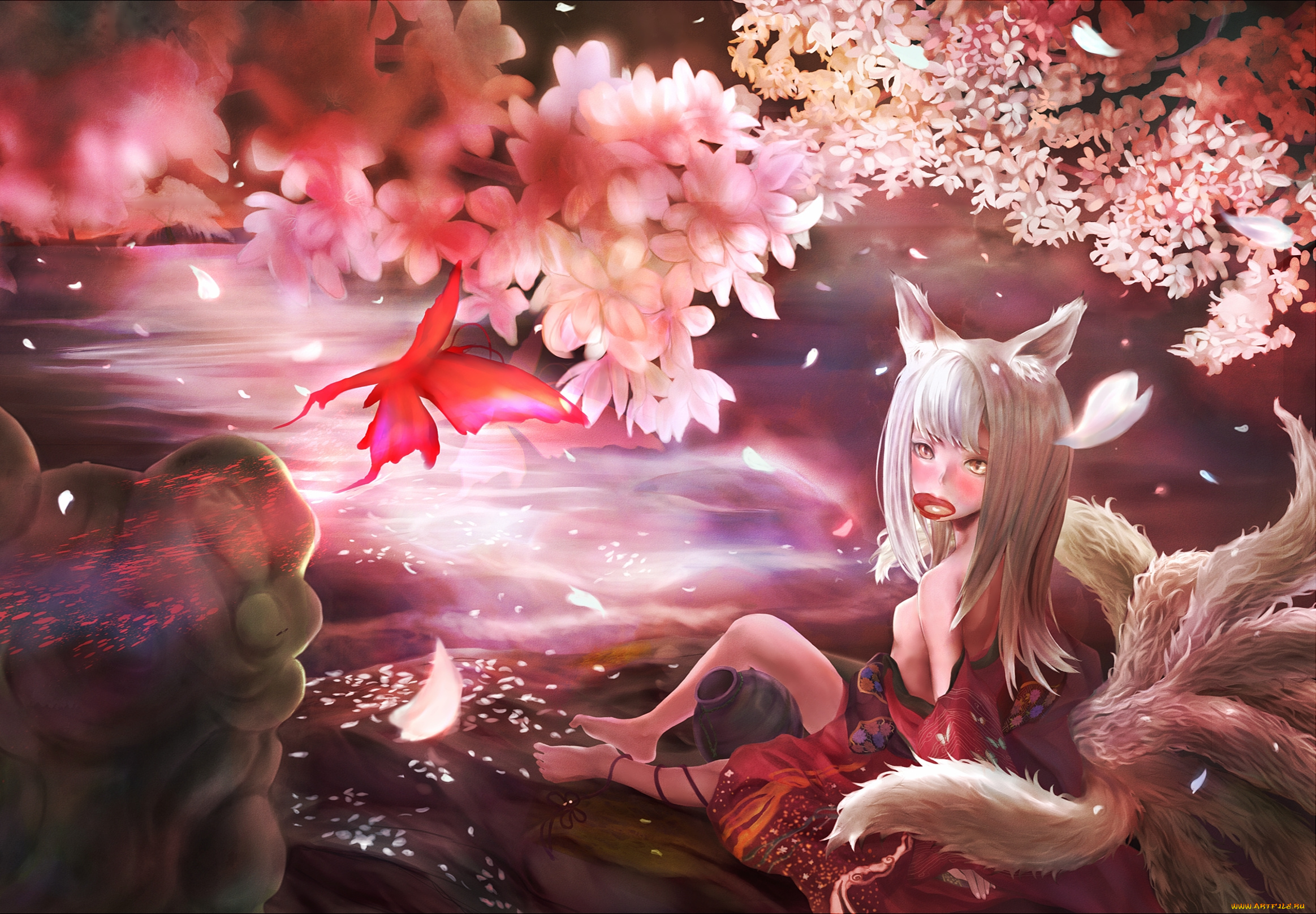 аниме, animals, лисичка, девушка, ушки, хвост