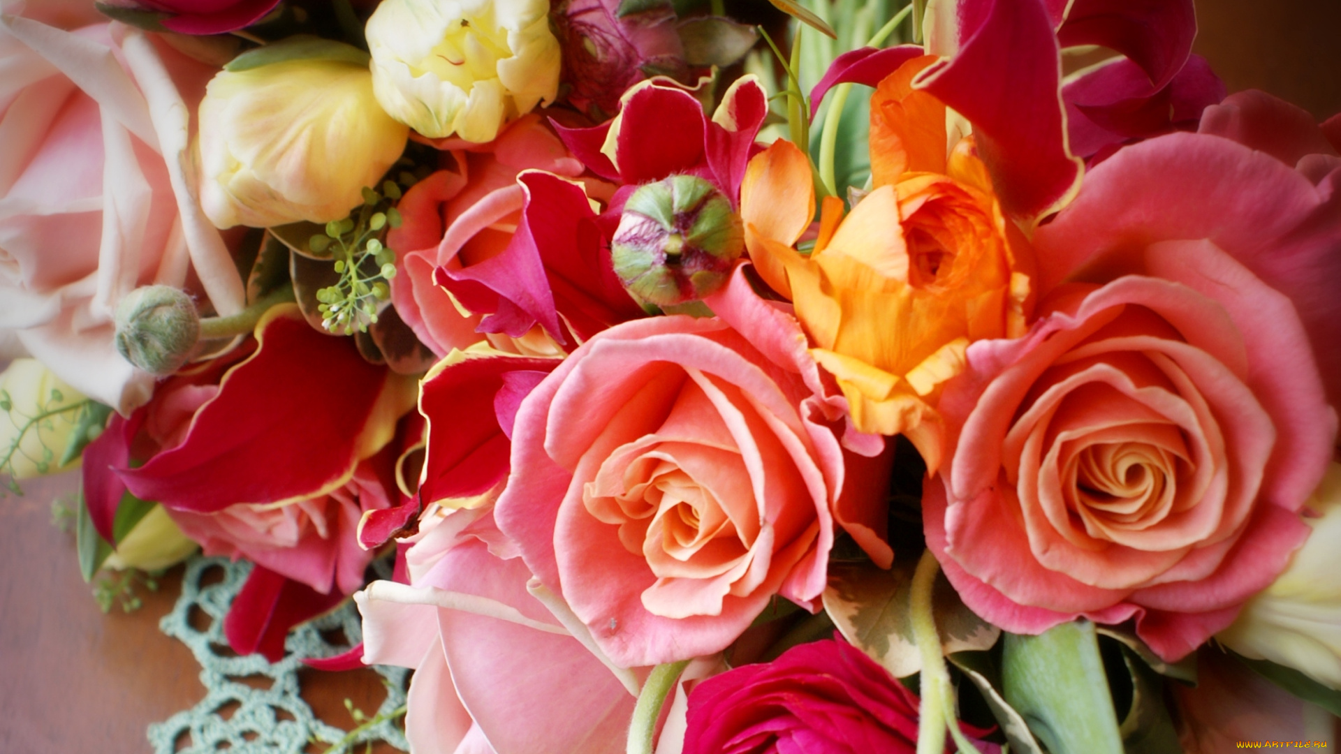 цветы, разные, вместе, розы, ранункулюс