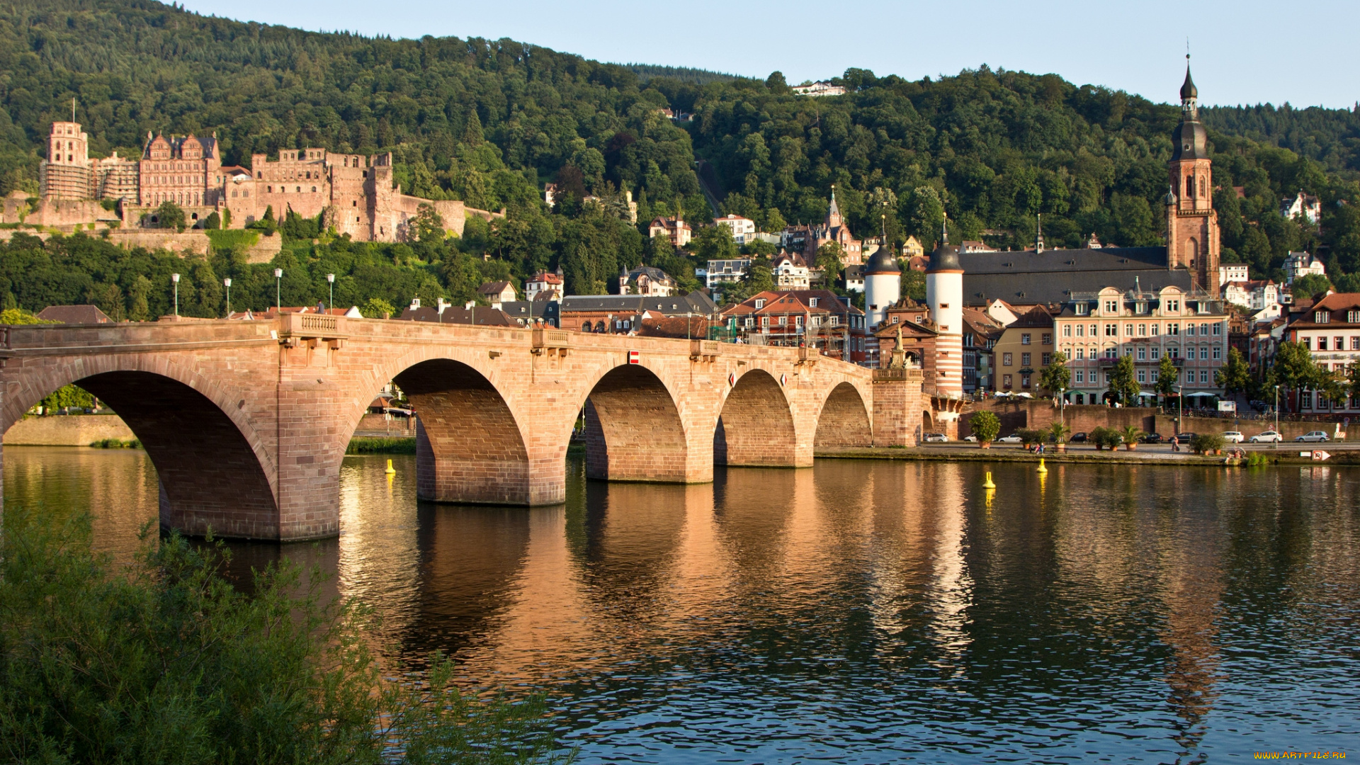 гейдельберг, германия, города, вода, мост, шпиль, здания