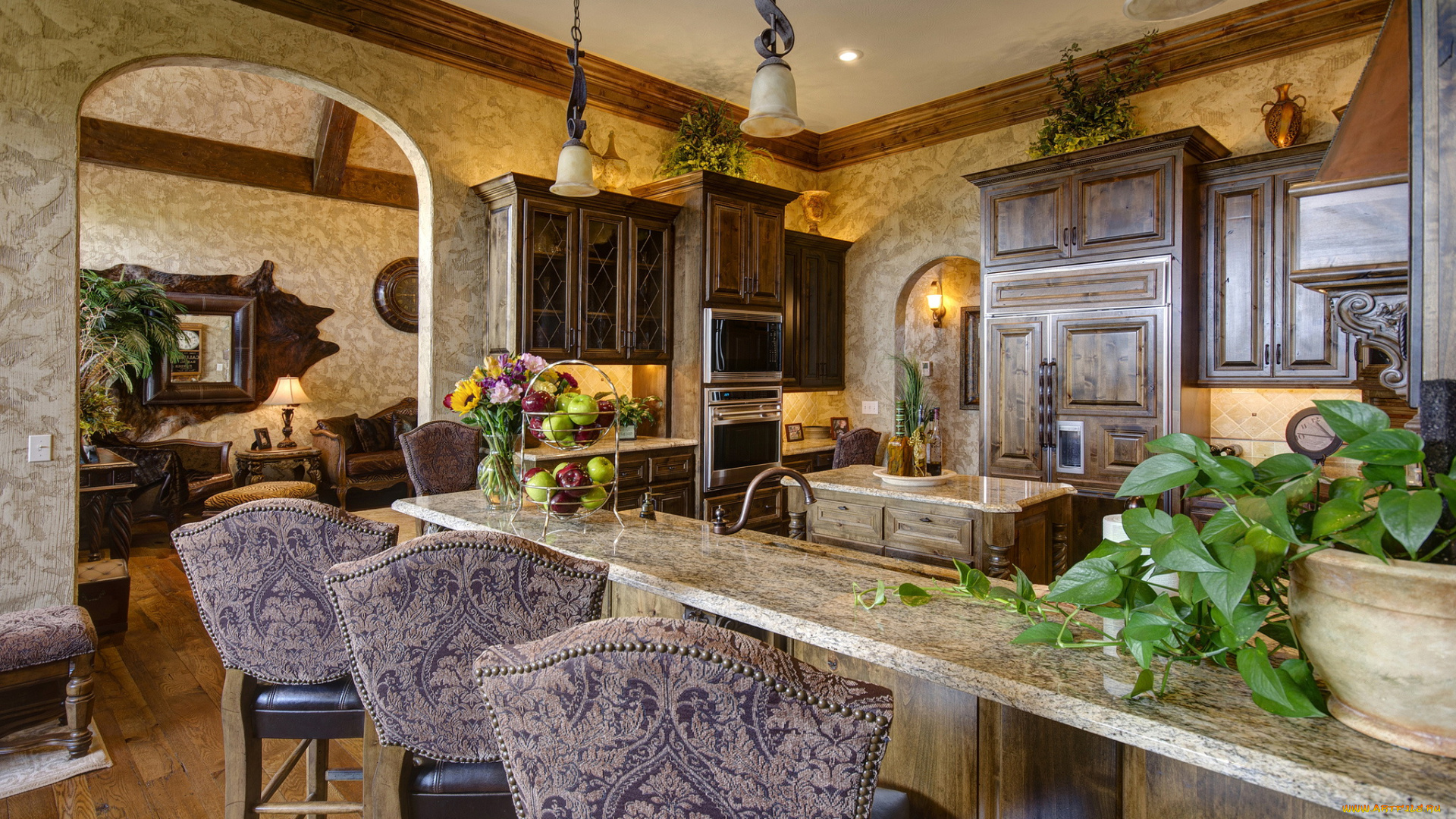 интерьер, кухня, цветы, стол, фрукты, столовая