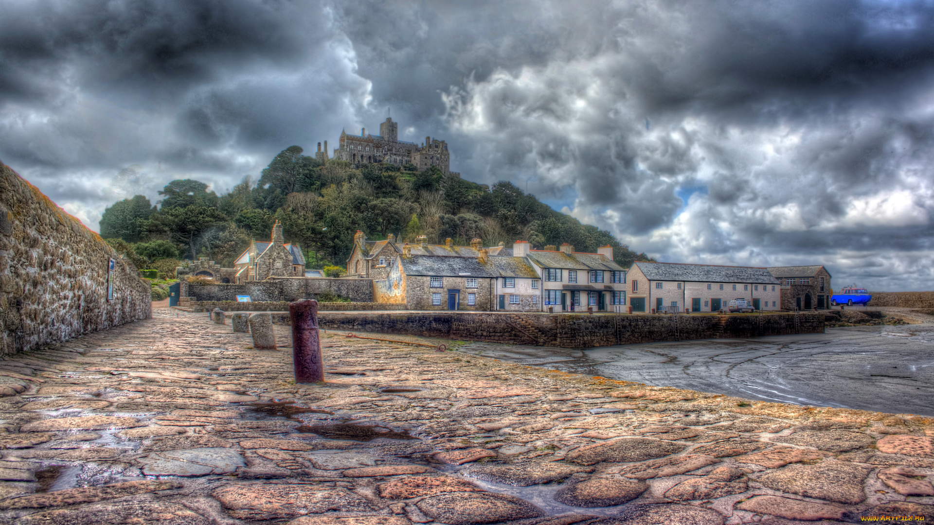 остров, saint, michael`s, mount, cornwall, великобритания, города, пейзажи, дома, море