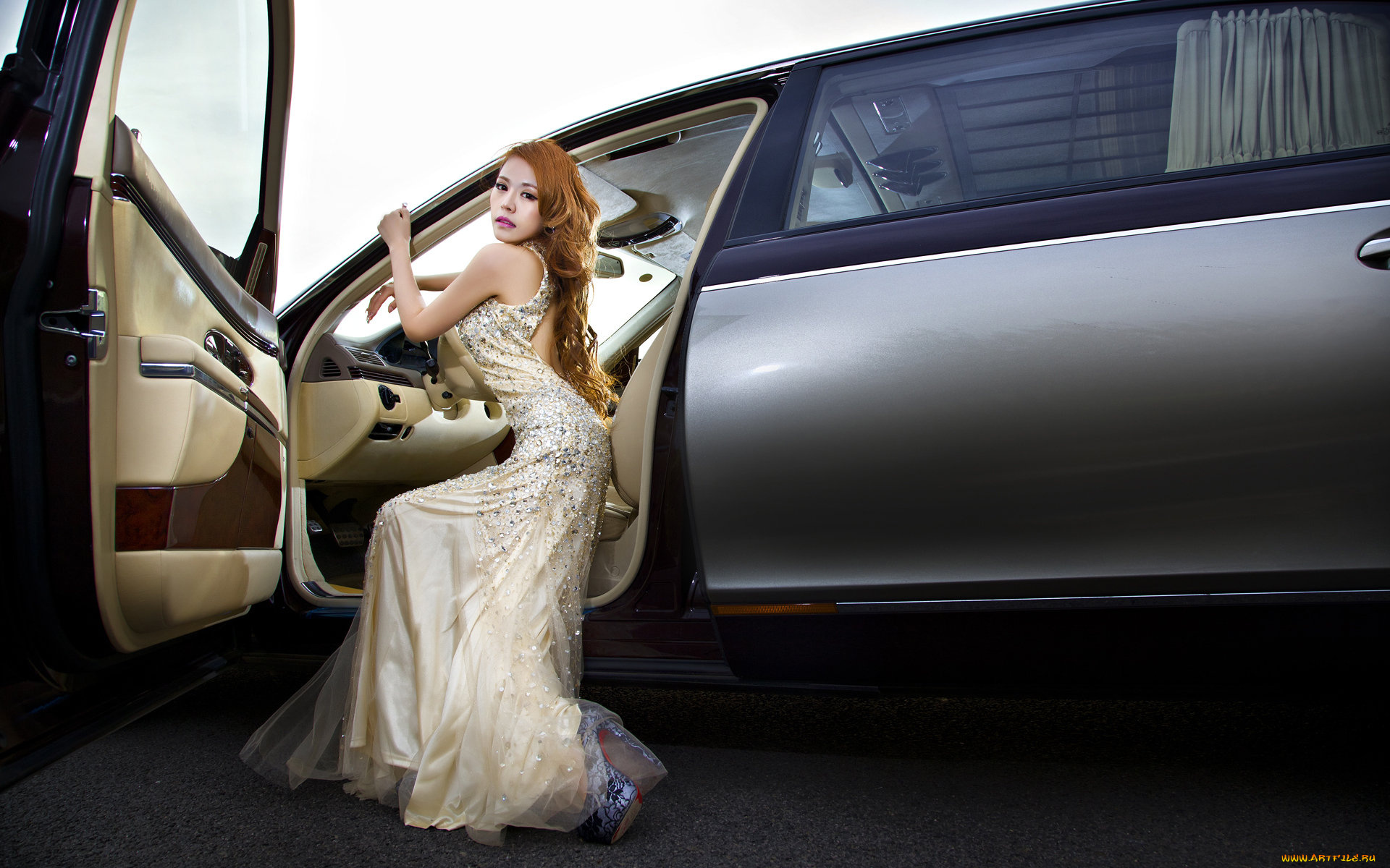 автомобили, авто, девушками, рыжая, девушка, взгляд, платье, автомобиль