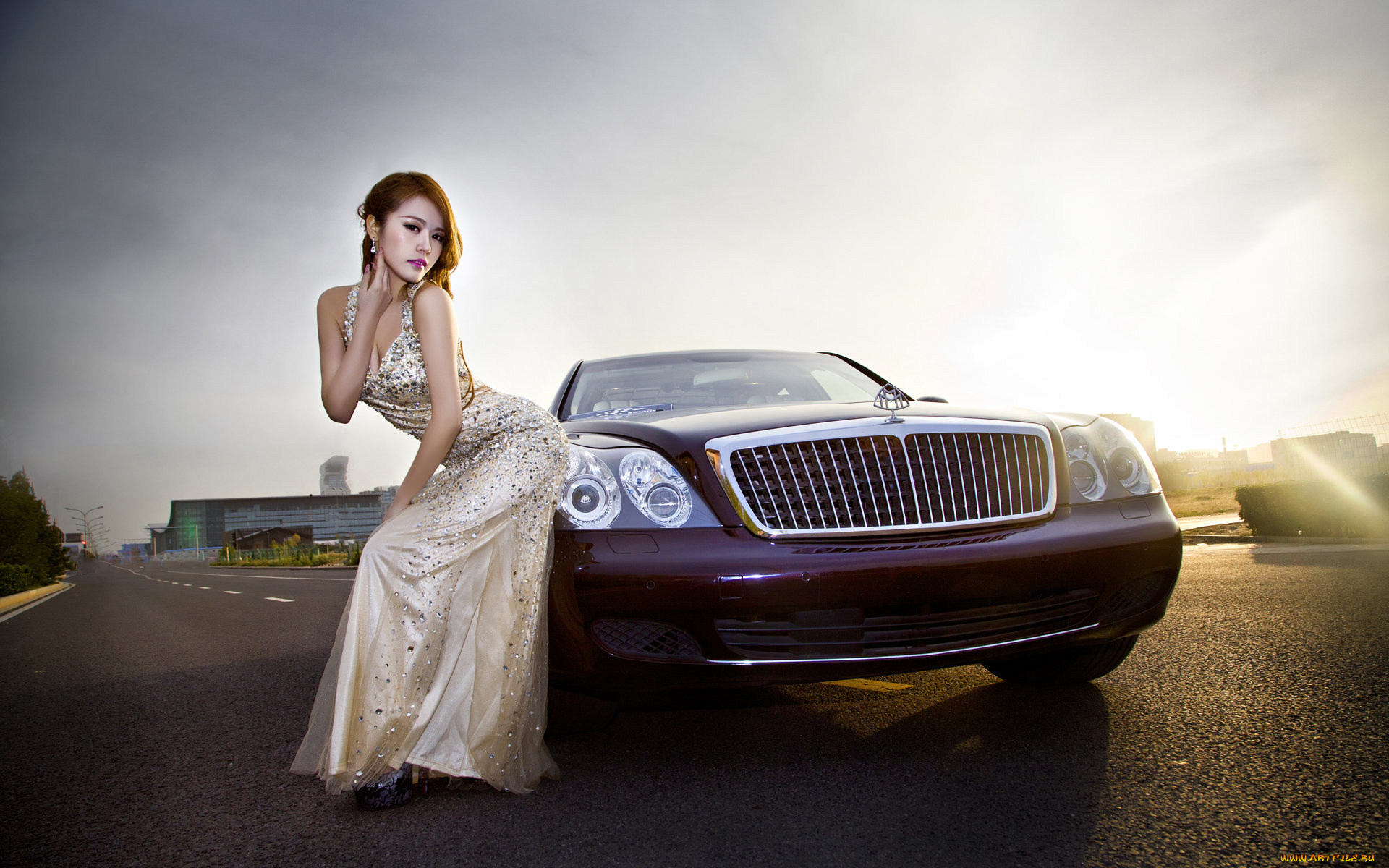 автомобили, авто, девушками, взгляд, рыжая, платье, автомобиль, девушка
