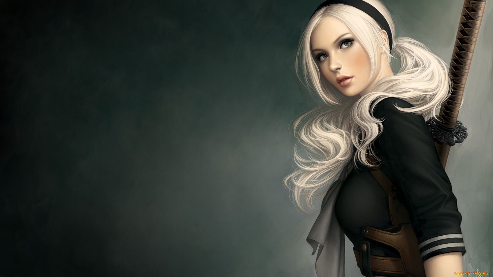 рисованные, кино, кобура, белые, волосы, катана, меч, зеленые, глаза, зеленый, фон, девушка, warren, louw, запрещенный, прием, emily, browning, sucker, punch, babydoll