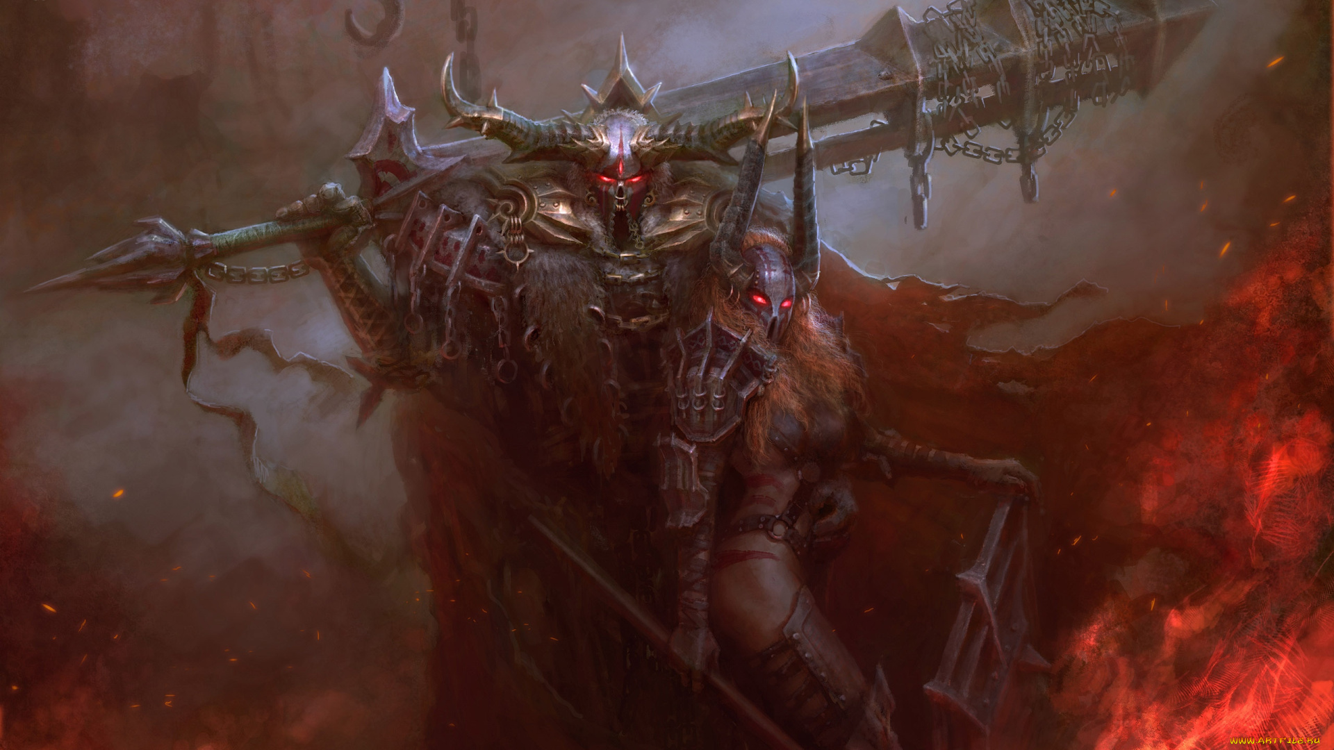 xiaoyu, wang, фэнтези, люди, xiaoyu, wang, воин, воительница, маски, рога, оружие, огонь