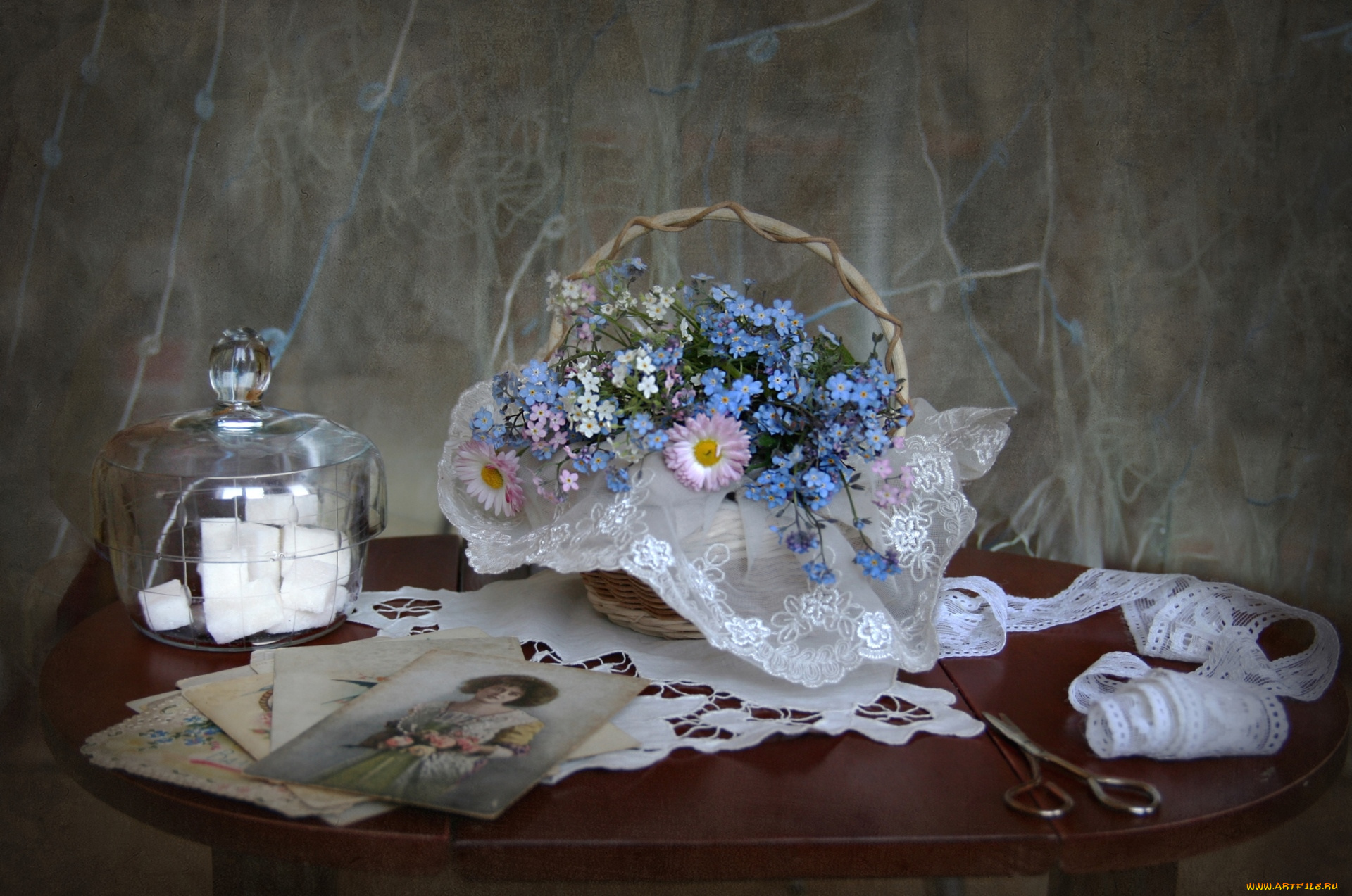 цветы, разные, вместе, незабудки, маргаритки