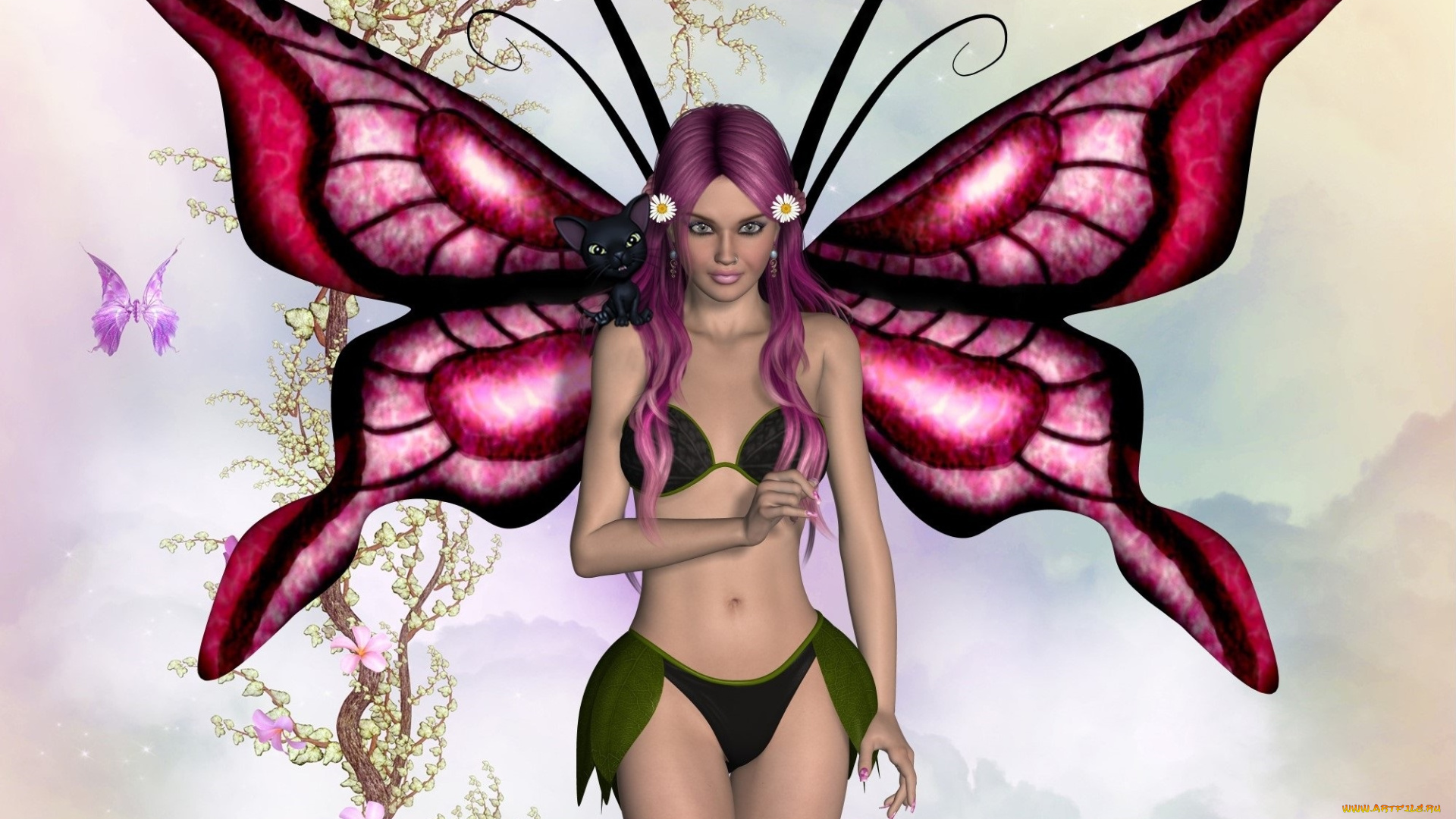 3д, графика, эльфы, , elves, фея, бабочки, цветы, девушка, взгляд, фон