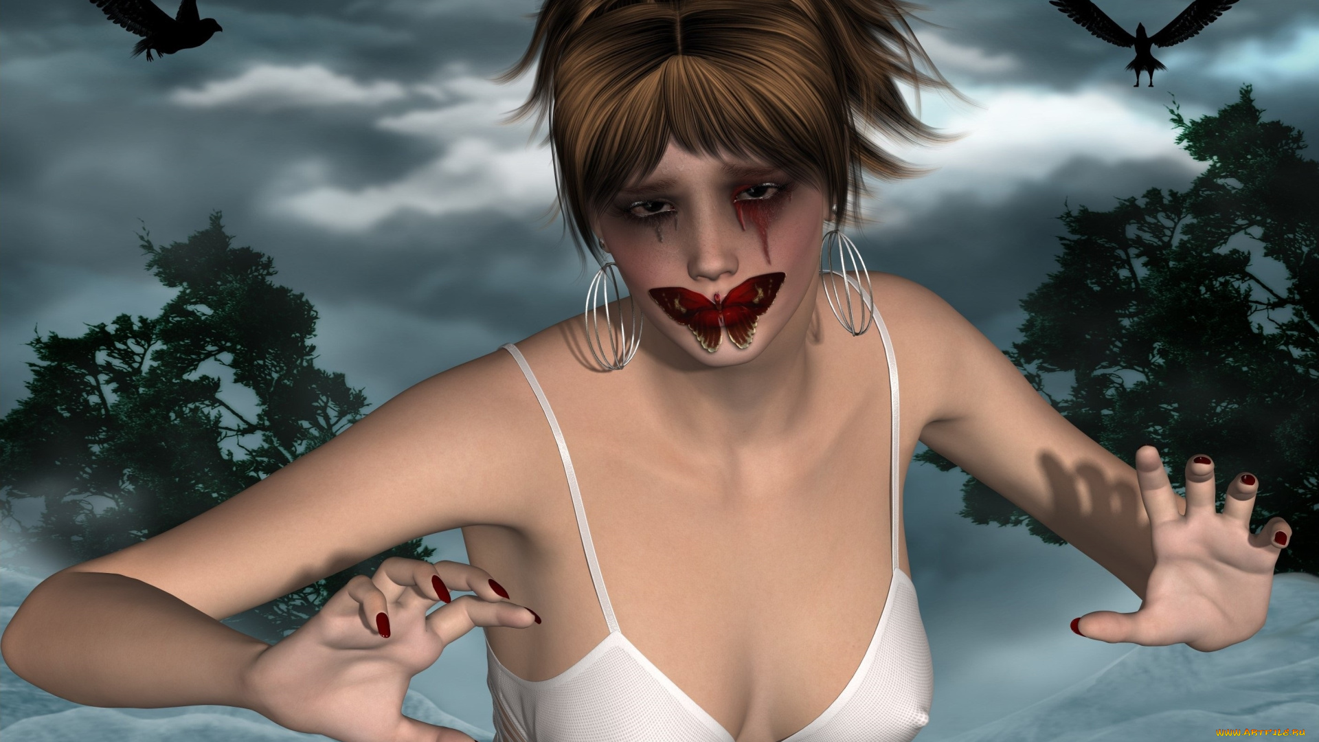 3д, графика, фантазия, , fantasy, деревья, взгляд, фон, девушка, птицы