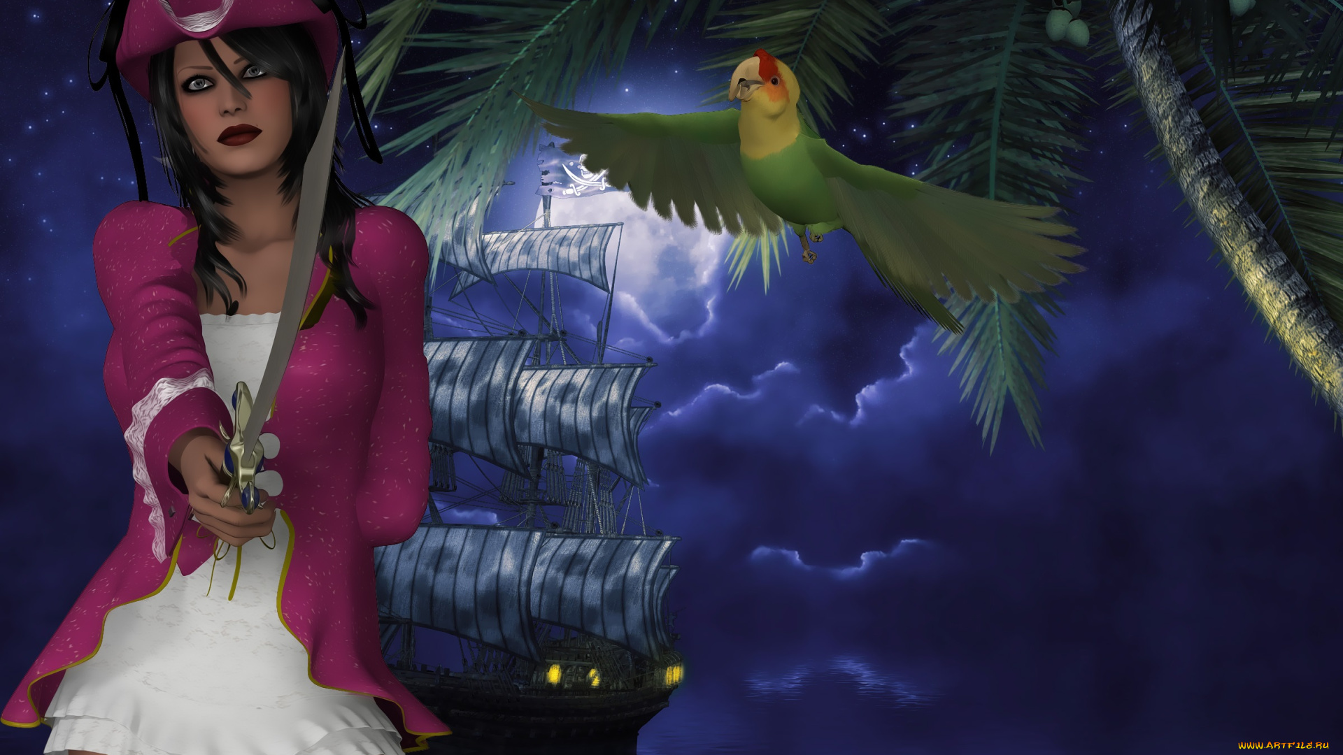 3д, графика, фантазия, , fantasy, девушка, корсар, парусник, взгляд, фон, оружие, попугай, пальма, море