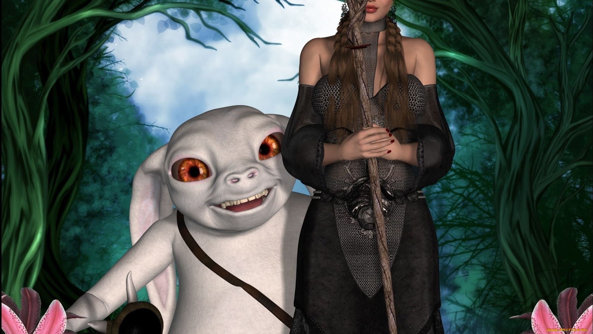 3д, графика, фантазия, , fantasy, фон, цветы, посох, существо, лес, взгляд, девушка