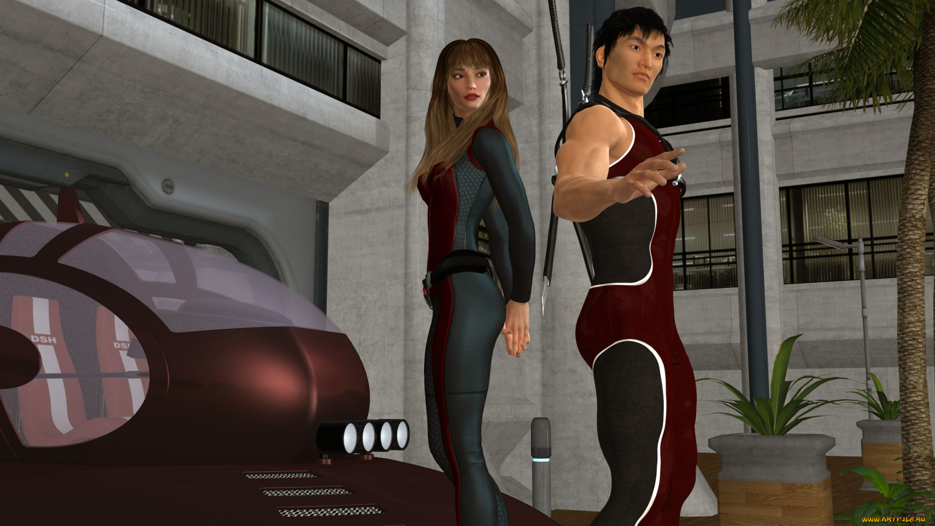 3д, графика, фантазия, , fantasy, взгляд, девушка, оружие, парень, фон