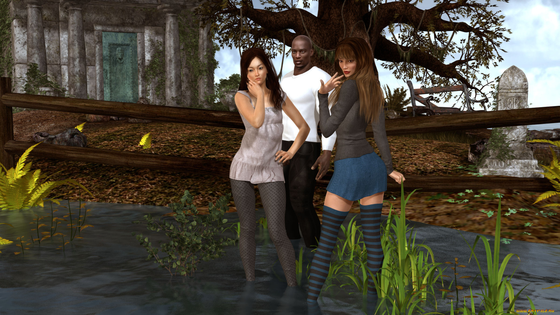 3д, графика, люди, , people, взгляд, мужчина, фон, девушки, чулки, вода