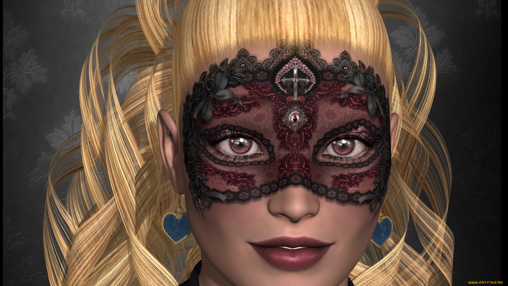 3д, графика, портрет, , portraits, серги, девушка, взгляд, фон, блондинка, маска