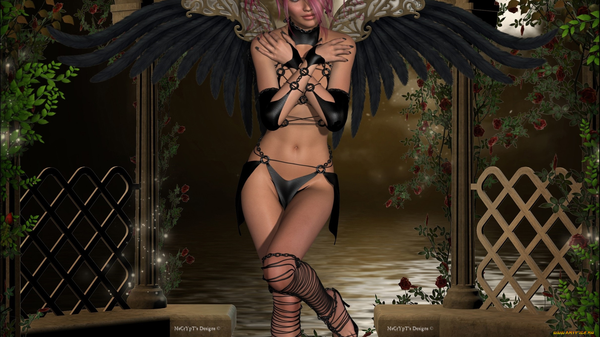 3д, графика, существа, , creatures, демон, цветы, крылья, река, девушка, альтанка, фон, взгляд