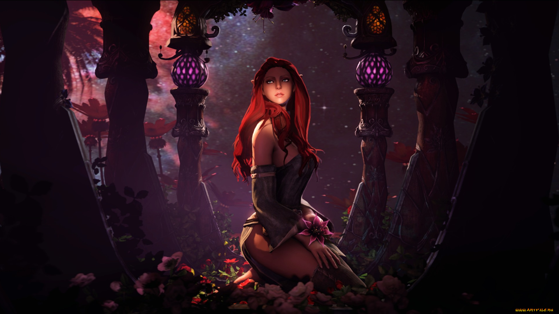 фэнтези, девушки, девушка, рыжая, цветы, эльф, ночь, звезды