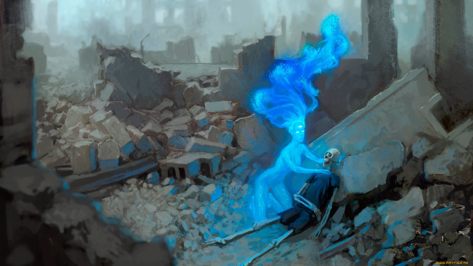 фэнтези, романтика, апокалипсиса, развалины, руины, обломки, скелет, существо, девушка, апокалипсиса, романтика, дух