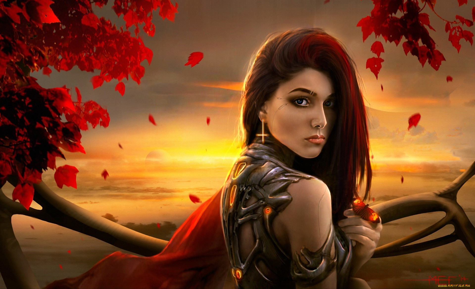 фэнтези, девушки, листья, бабочка, девушка, дерево