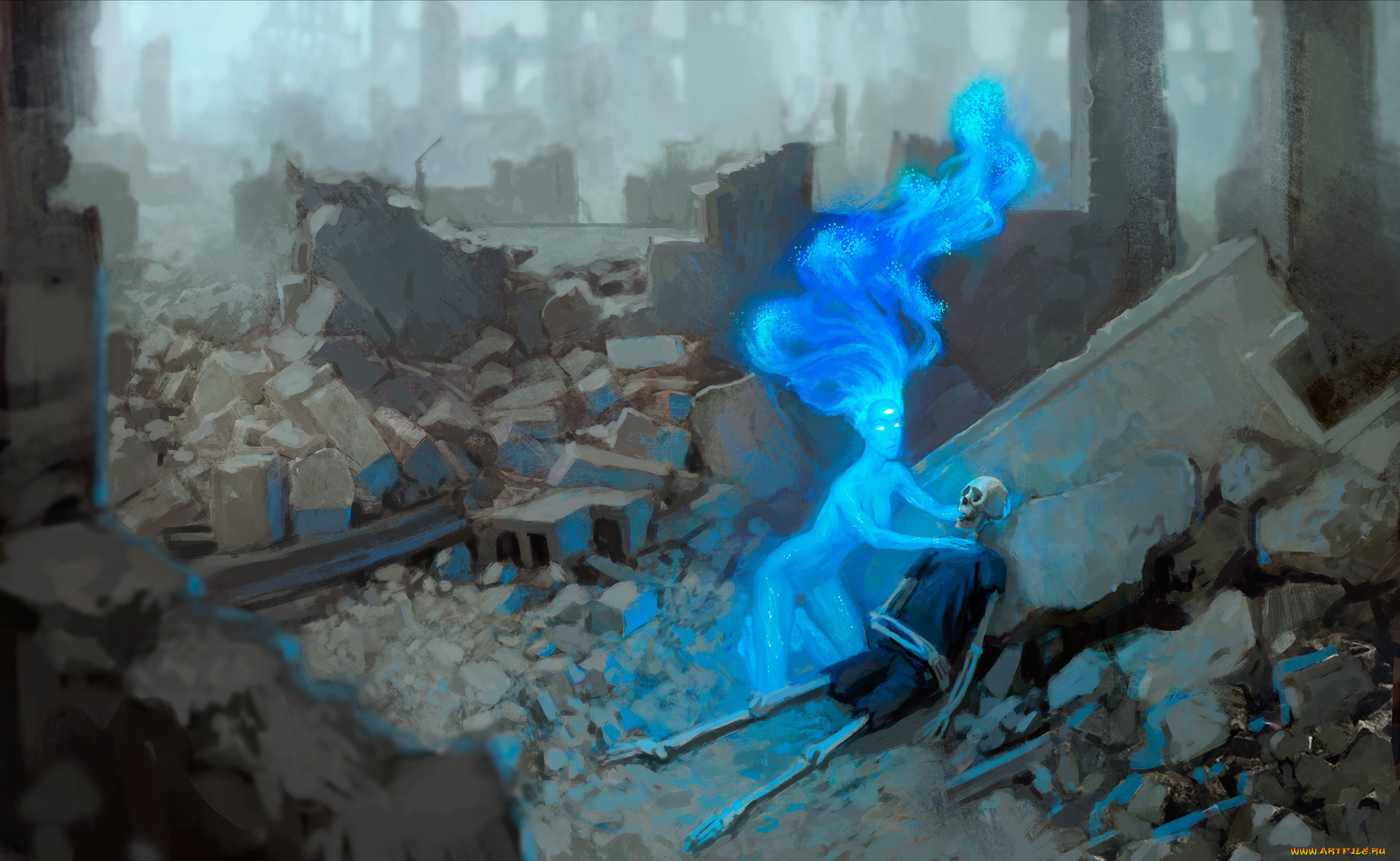 фэнтези, романтика, апокалипсиса, развалины, руины, обломки, скелет, существо, девушка, апокалипсиса, романтика, дух