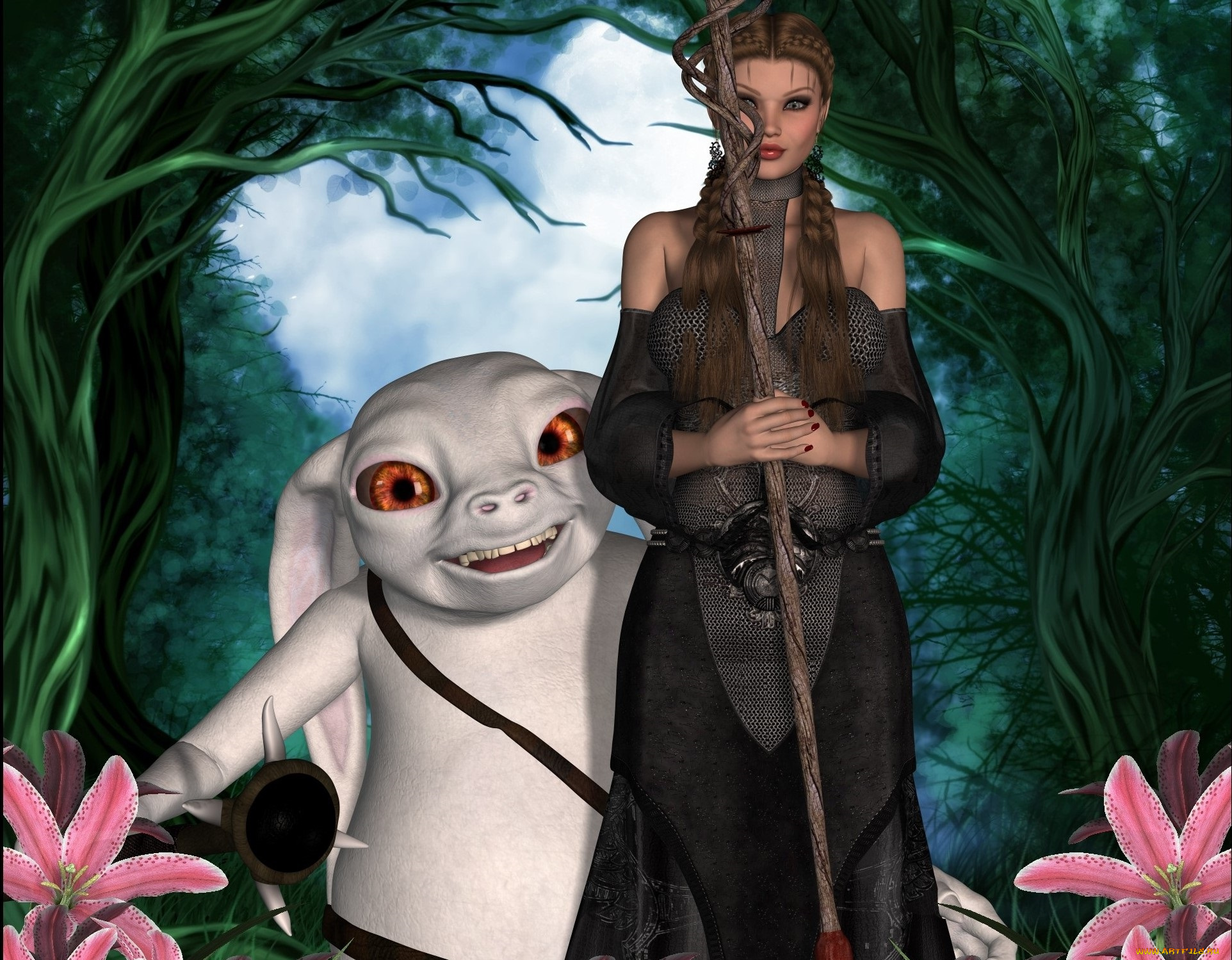 3д, графика, фантазия, , fantasy, фон, цветы, посох, существо, лес, взгляд, девушка