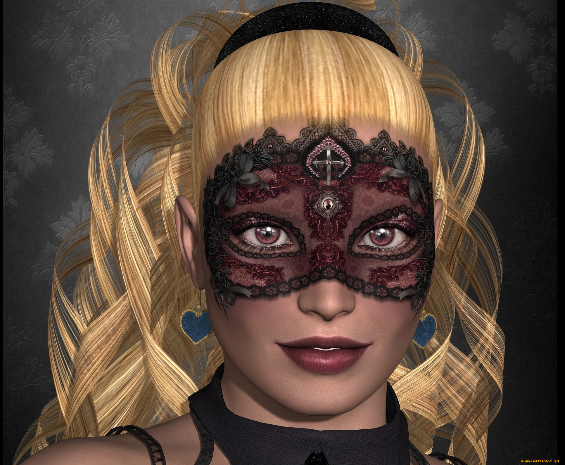 3д, графика, портрет, , portraits, серги, девушка, взгляд, фон, блондинка, маска