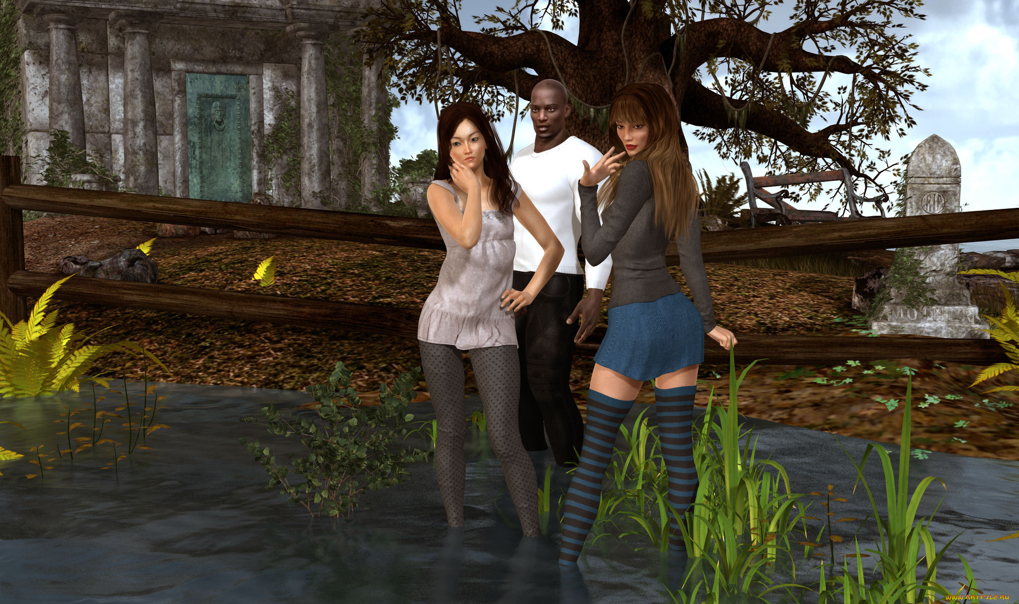 3д, графика, люди, , people, взгляд, мужчина, фон, девушки, чулки, вода