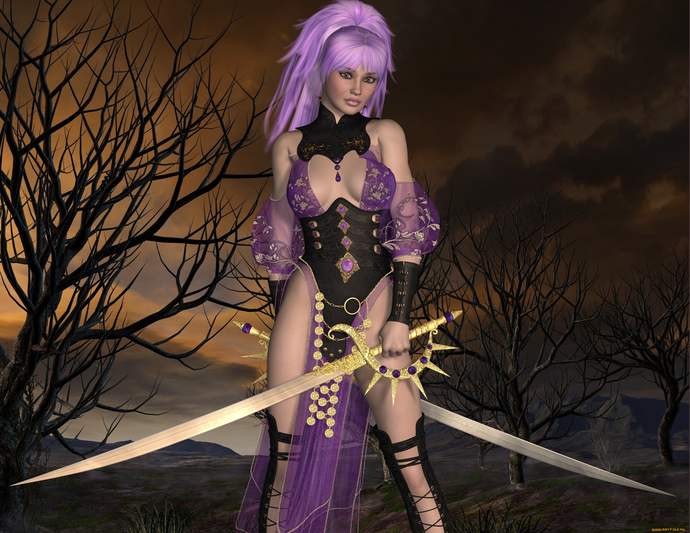 3д, графика, фантазия, , fantasy, взгляд, девушка, фон, оружие