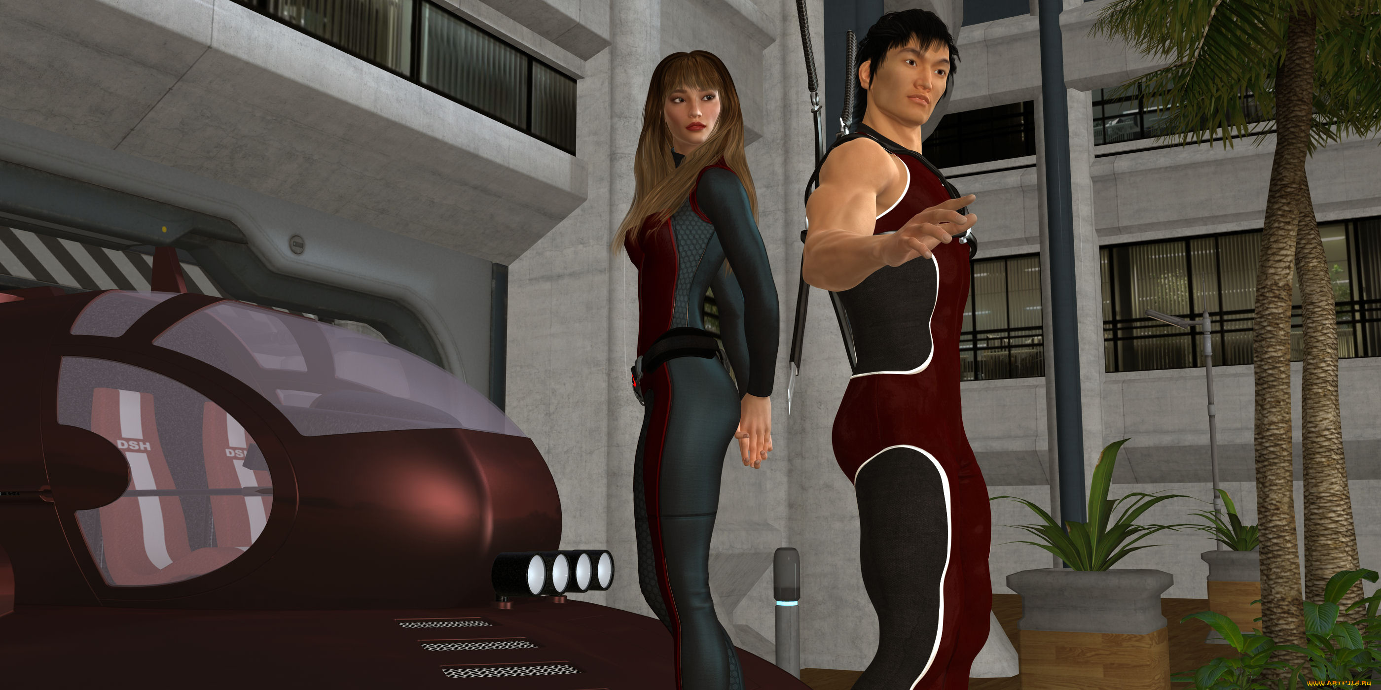 3д, графика, фантазия, , fantasy, взгляд, девушка, оружие, парень, фон