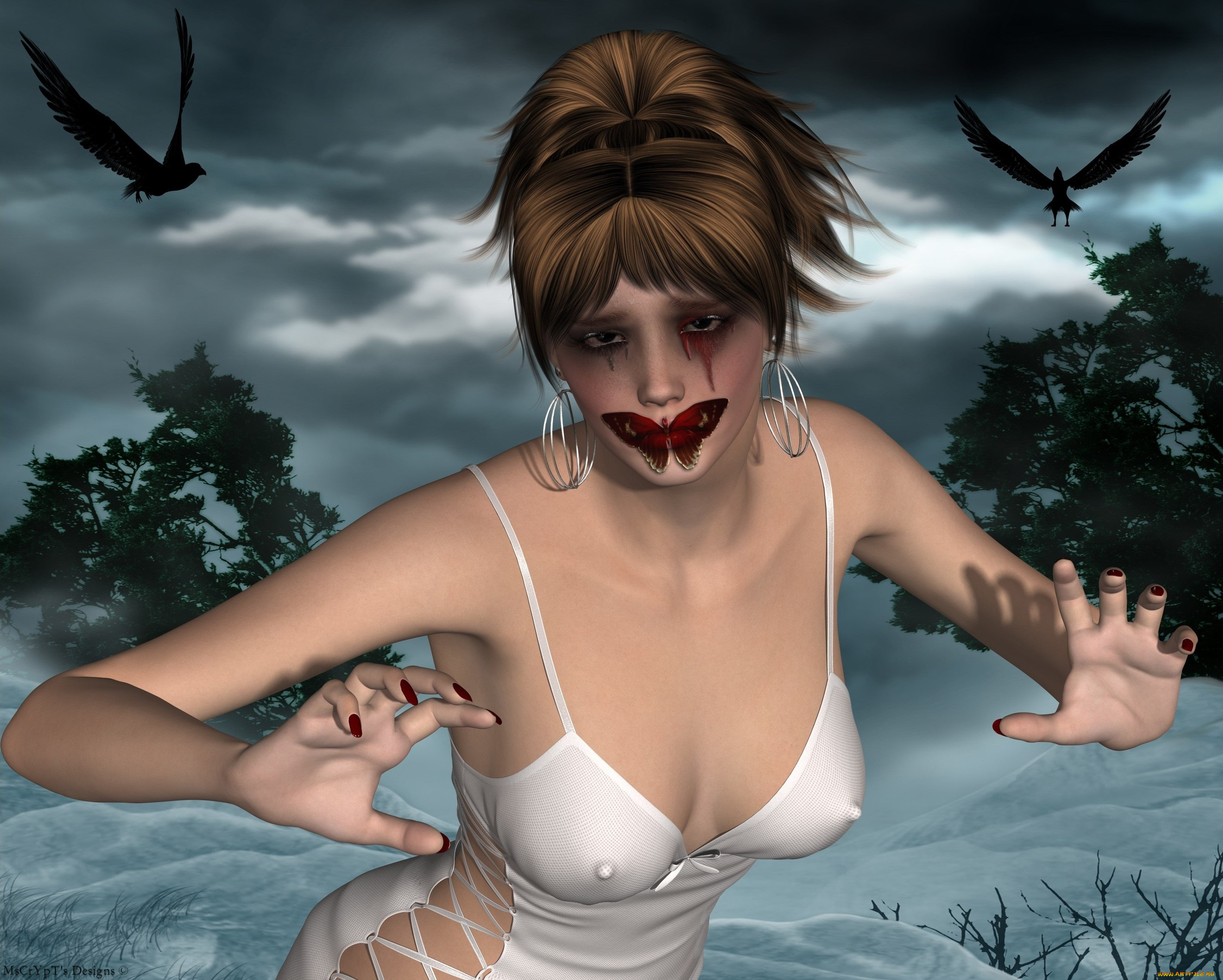 3д, графика, фантазия, , fantasy, деревья, взгляд, фон, девушка, птицы