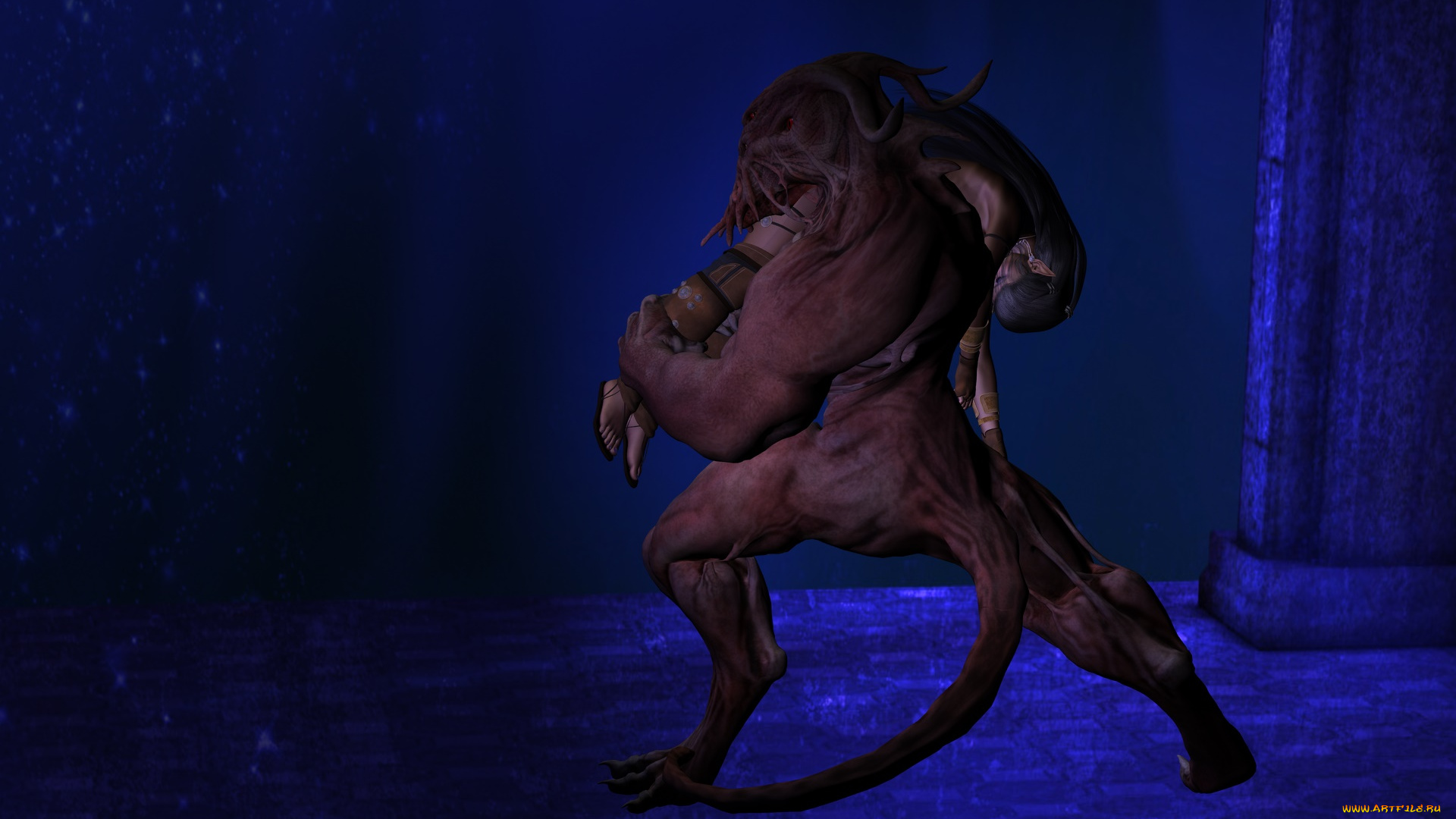 3д, графика, фантазия, , fantasy, пришелец, фон, взгляд, эльфийка