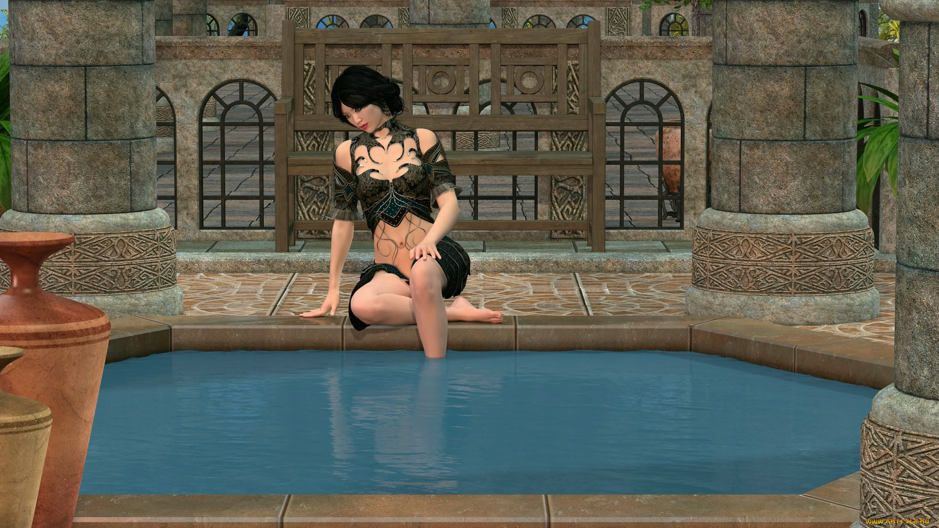 3д, графика, люди, , people, девушка, бассейн, взгляд, фон