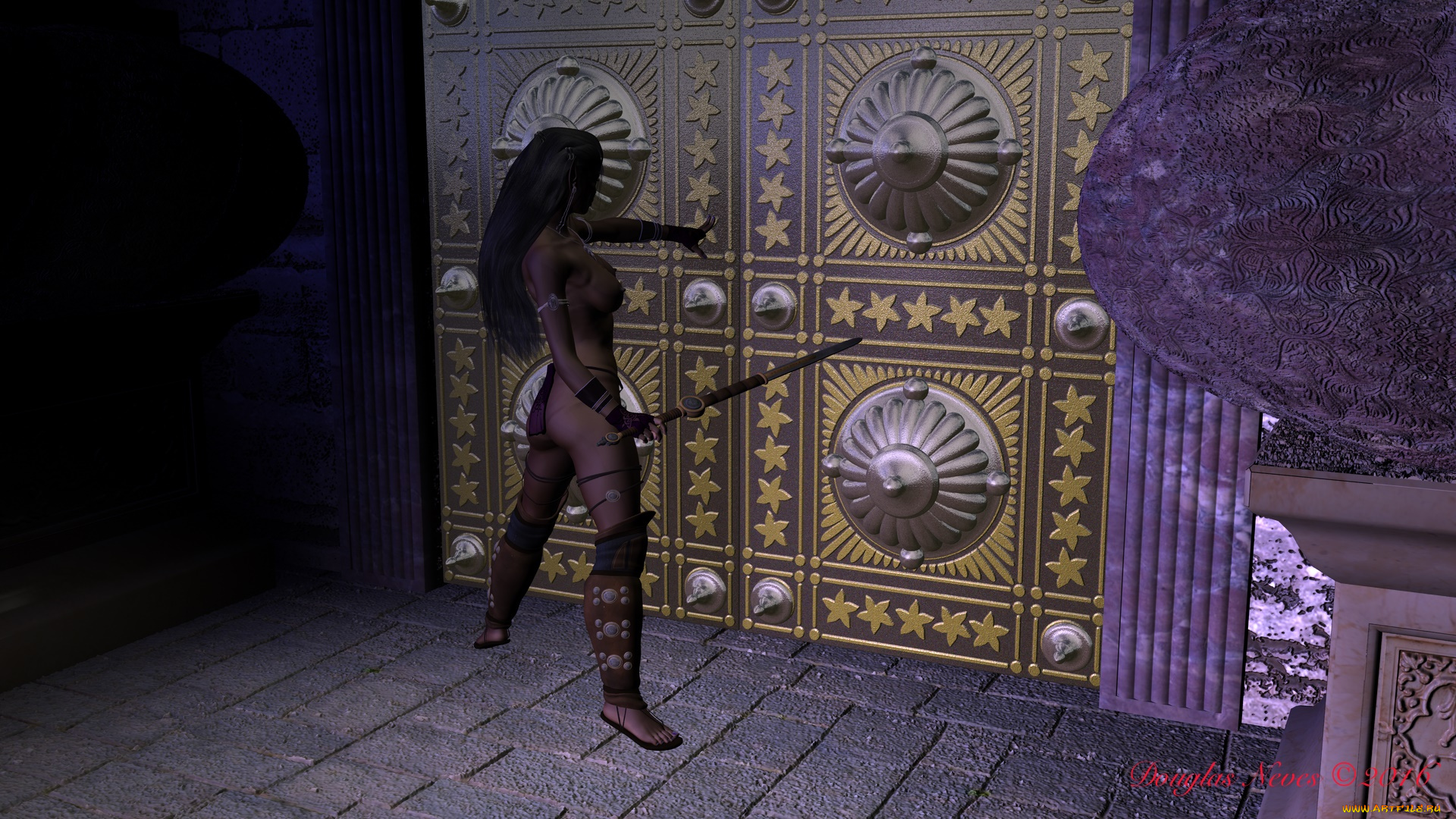 newbie, andes, tkhe, ansient, alienia, 3д, графика, фантазия, , fantasy, фон, взгляд, эльфийка, оружие, грудь