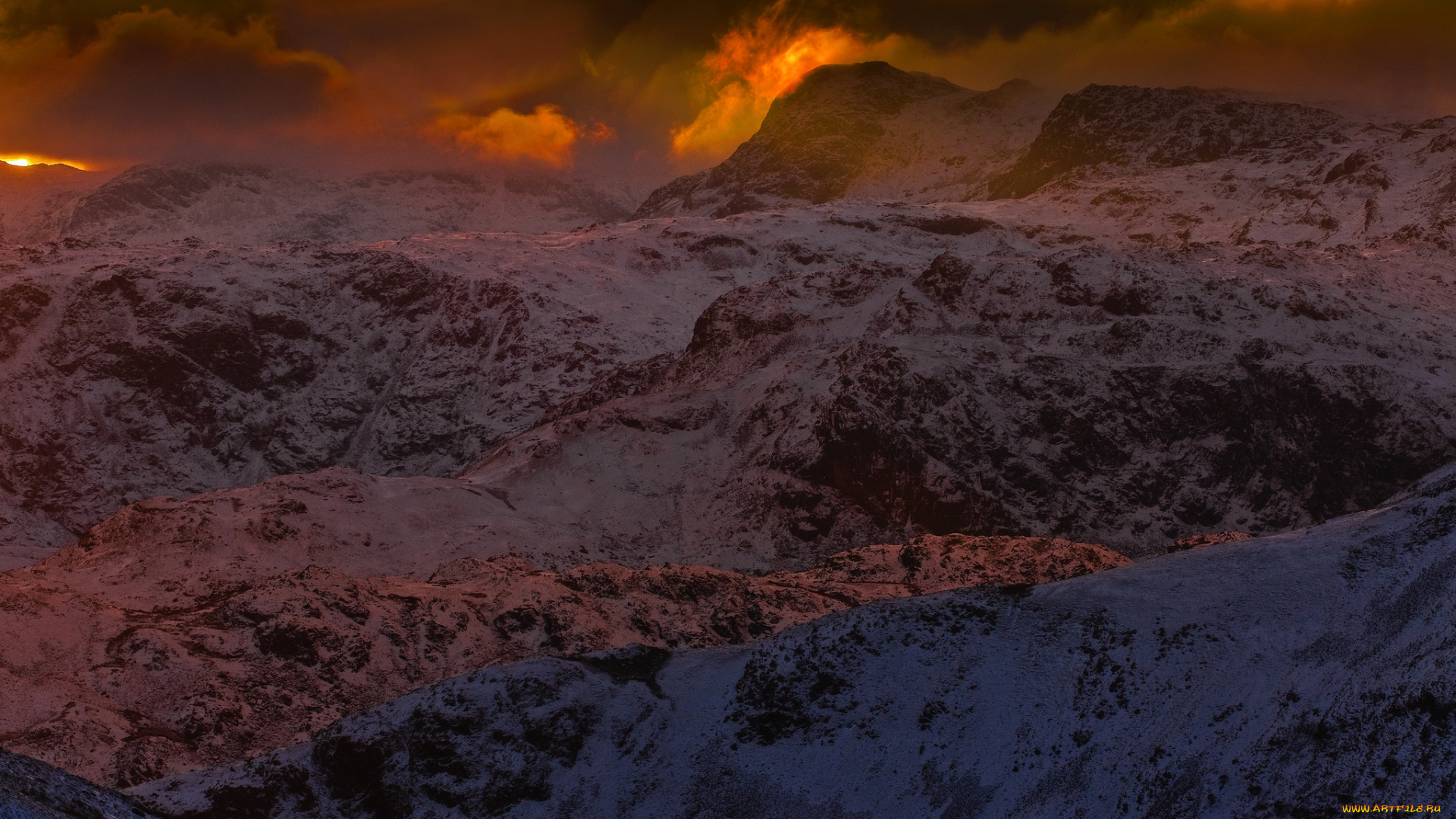 природа, горы, пейзаж, рассвет, снег, вершины