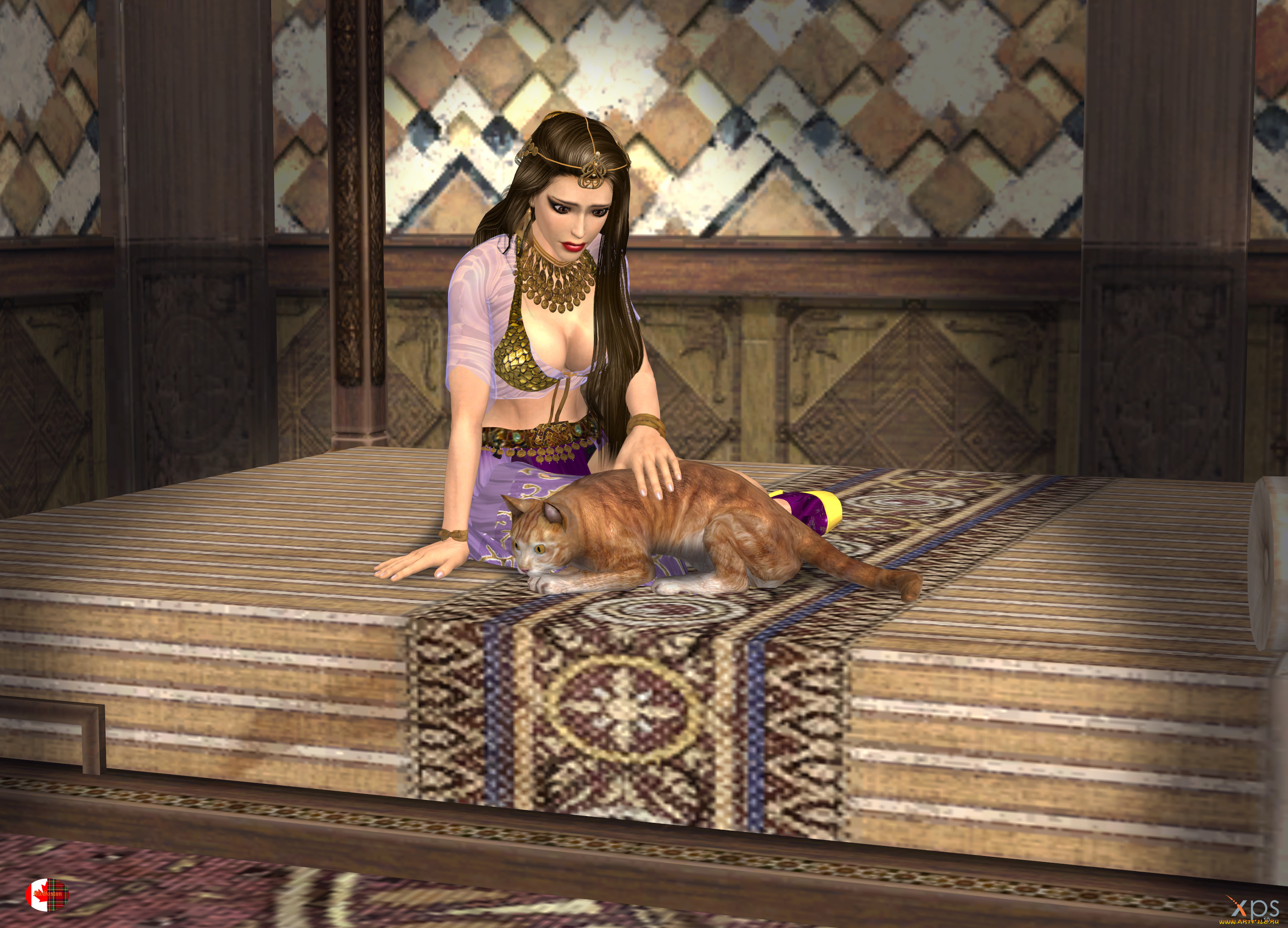 3д, графика, люди, , people, взгляд, девушка, кот, интерьер, фон