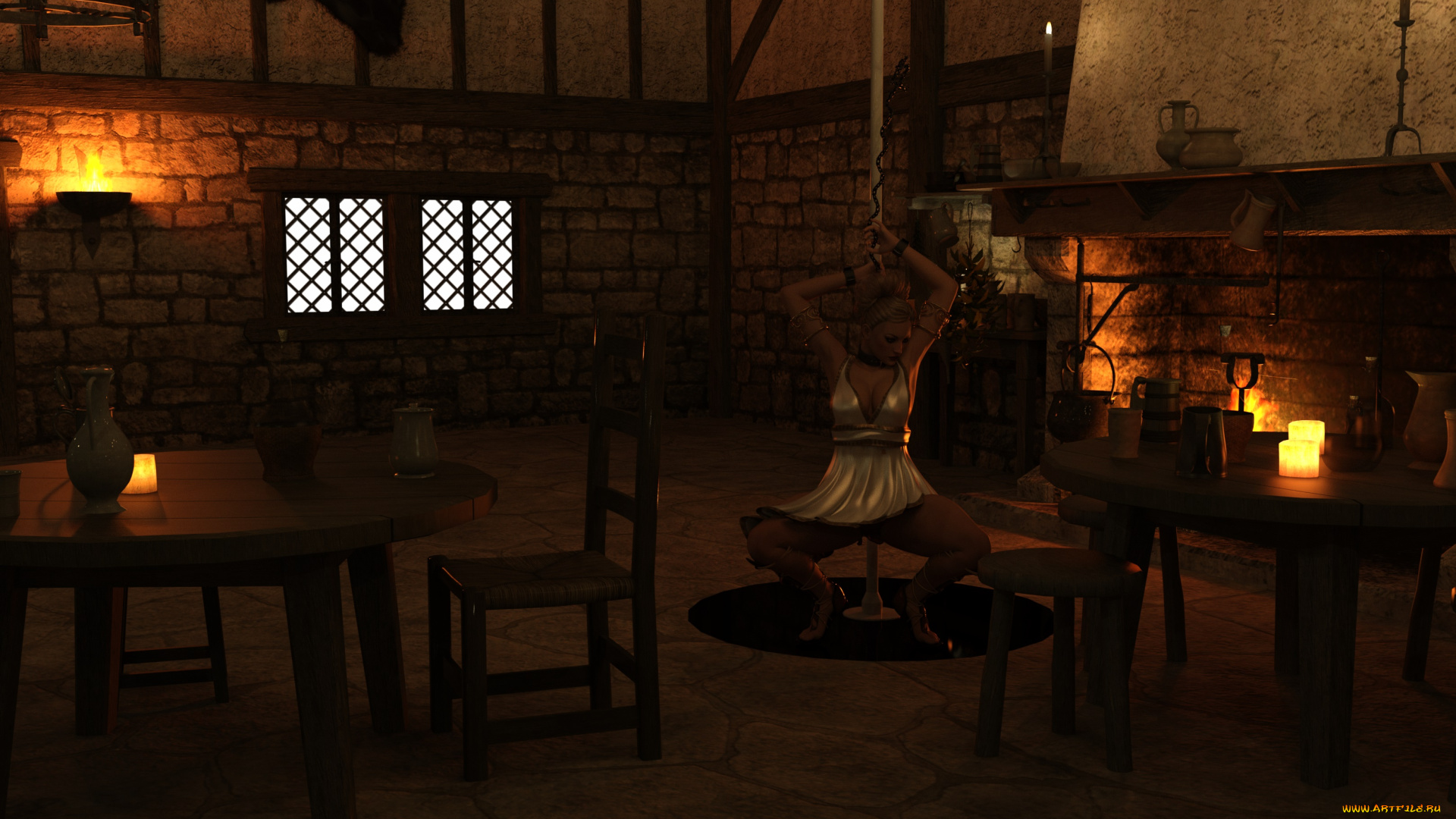 3д, графика, люди, , people, камин, фон, взгляд, девушка