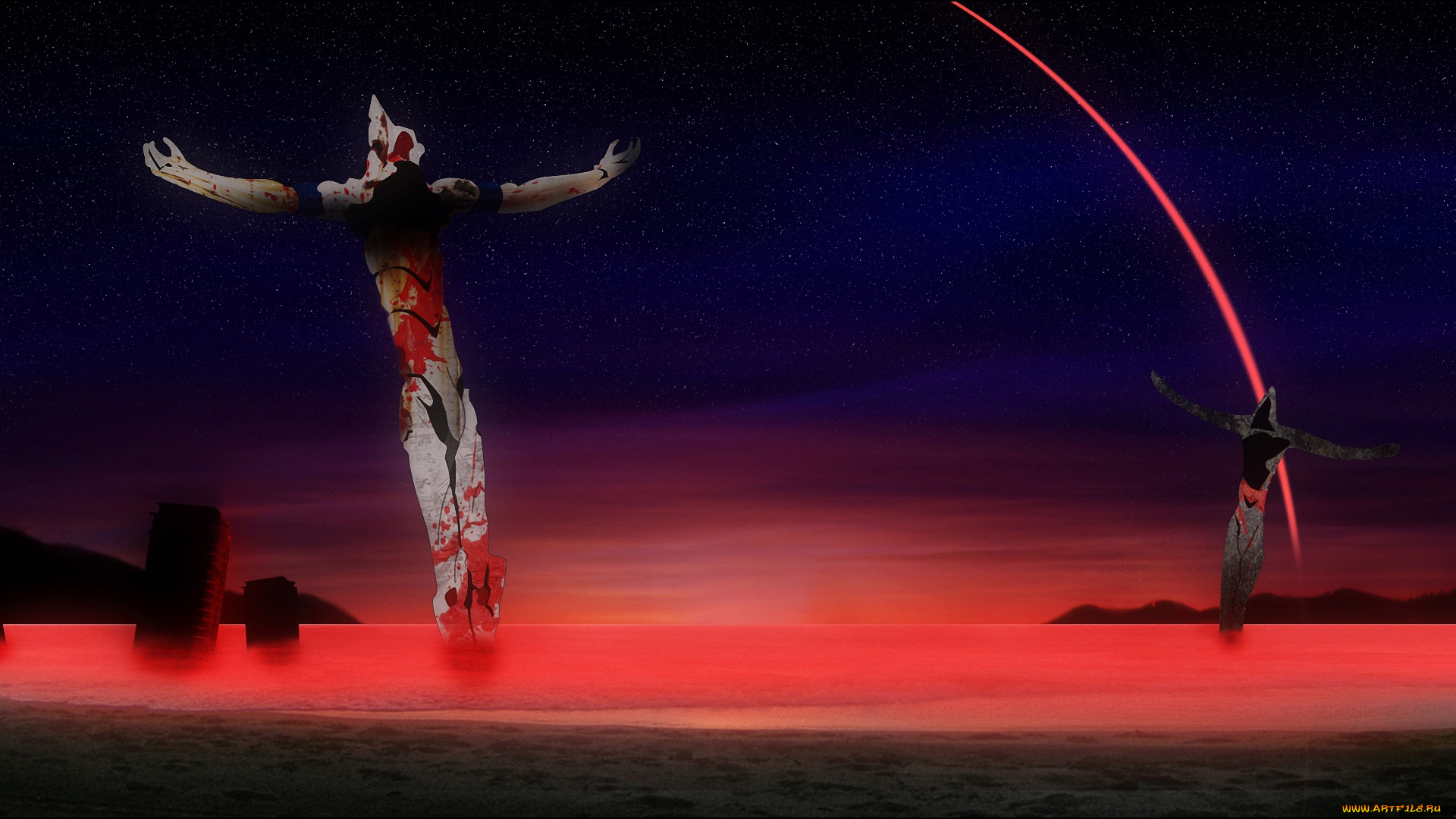 аниме, evangelion, руины, небо, здания, кровь, море, angel, монстр, ангел