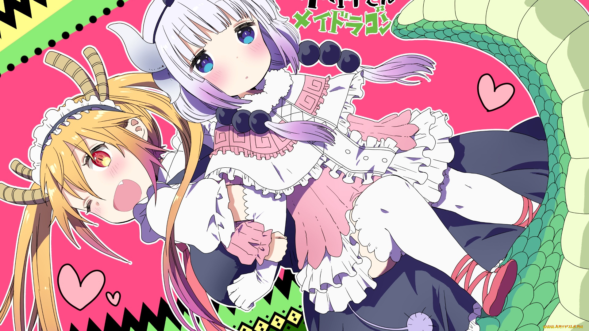 аниме, miss, kobayashi`s, dragon, maid, девушки, взгляд, фон