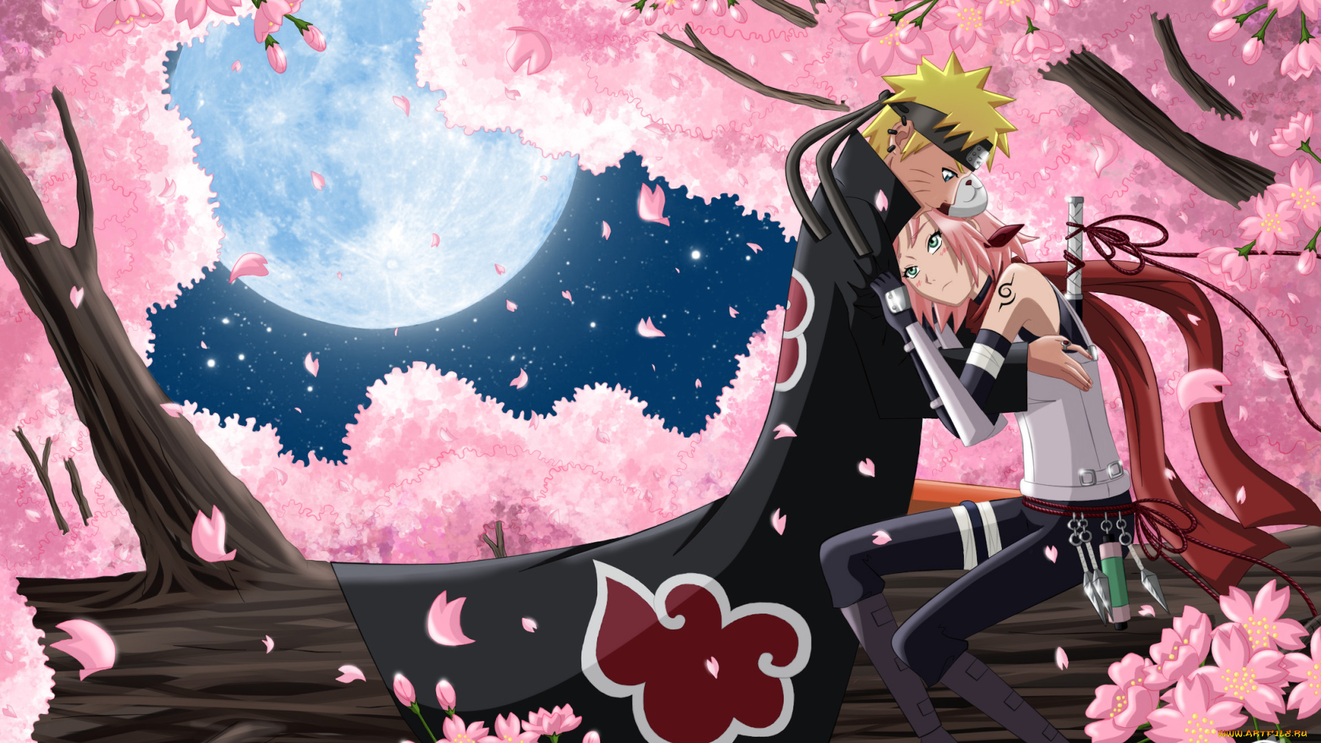 аниме, naruto, луна, цветение, плащ, любовь, бревно, сакура, наруто