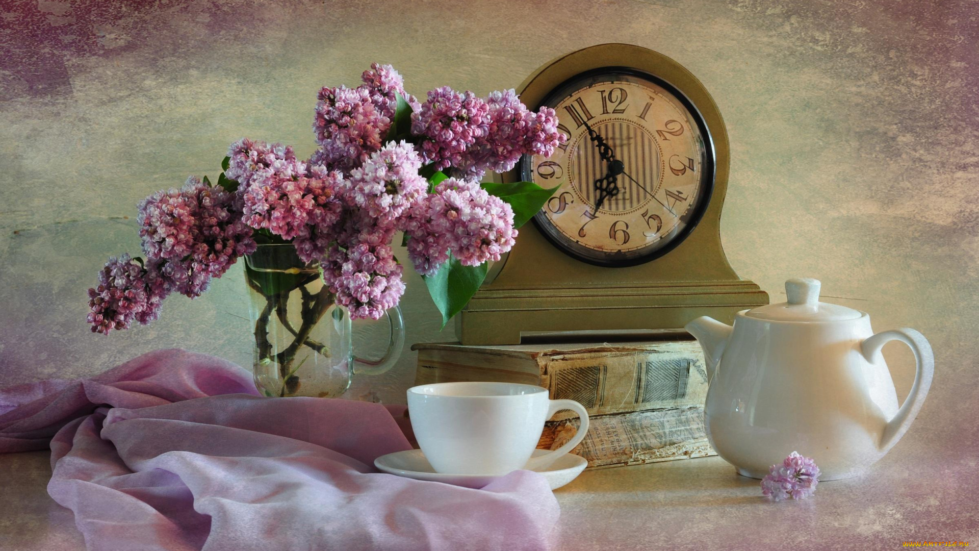 еда, натюрморт, книга, часы, сирень, чашка