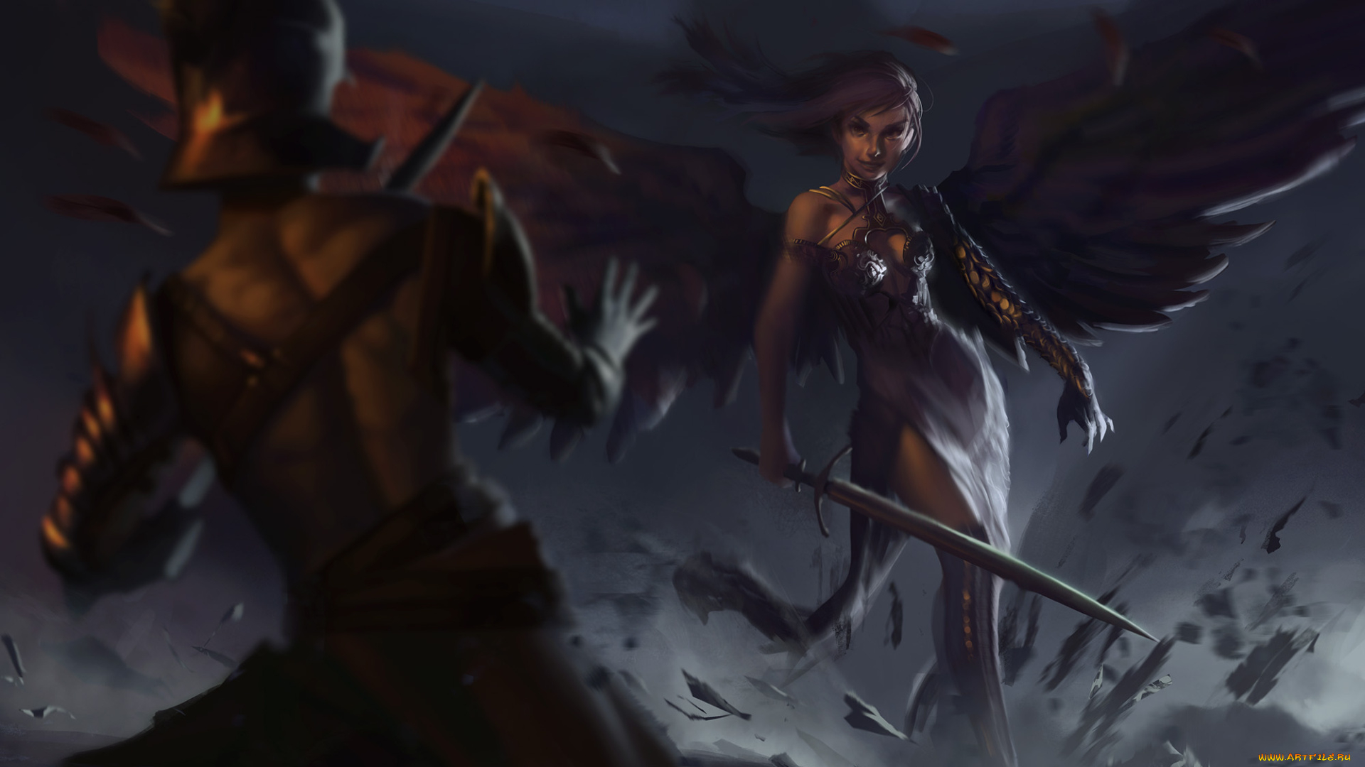 фэнтези, ангелы, девушка, фон, взгляд, мужчина, меч, крылья