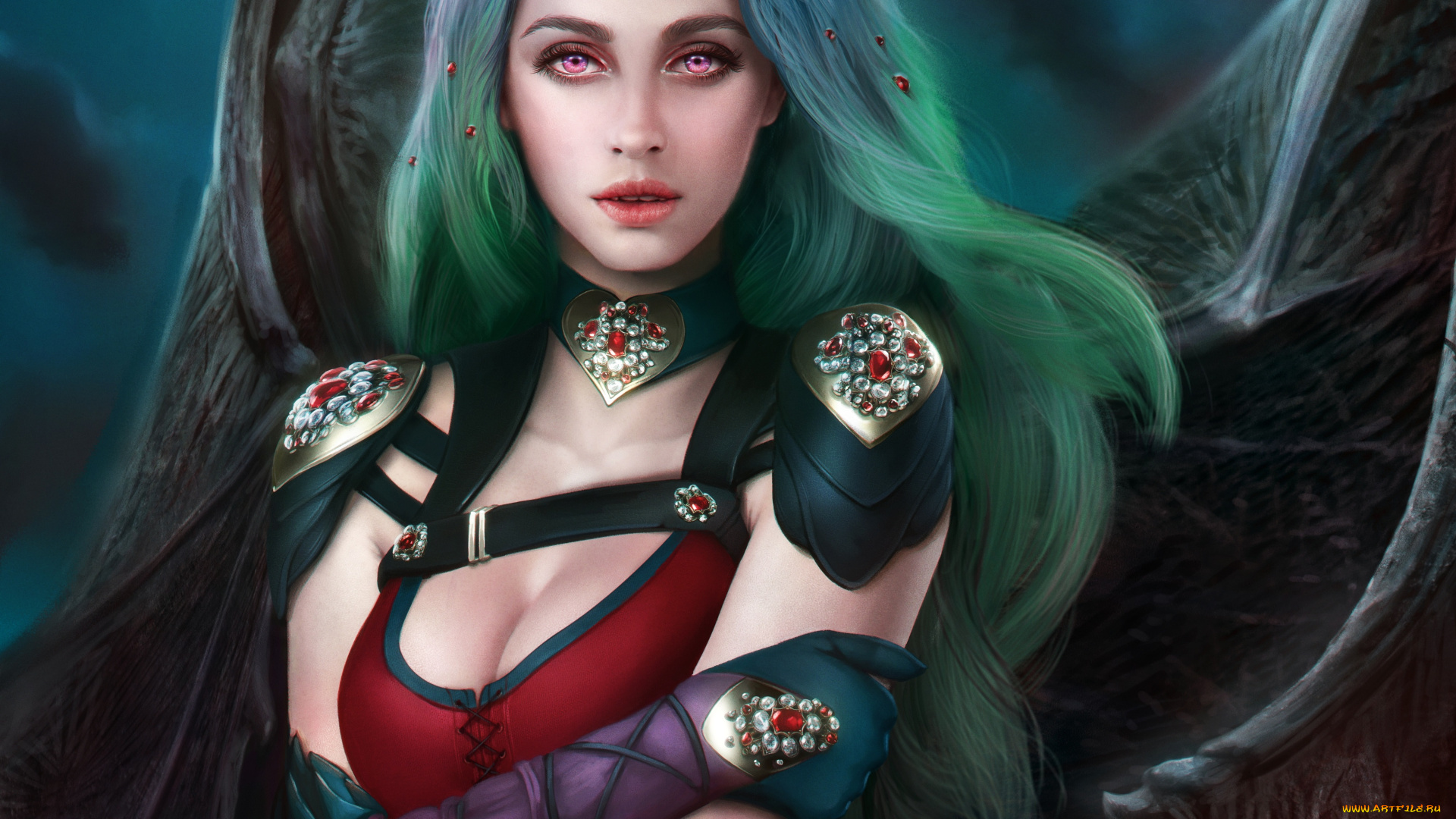 фэнтези, демоны, платье, красавица, evelyn, суккуб, грудь, вампир, взгляд, крылья, арт, лицо