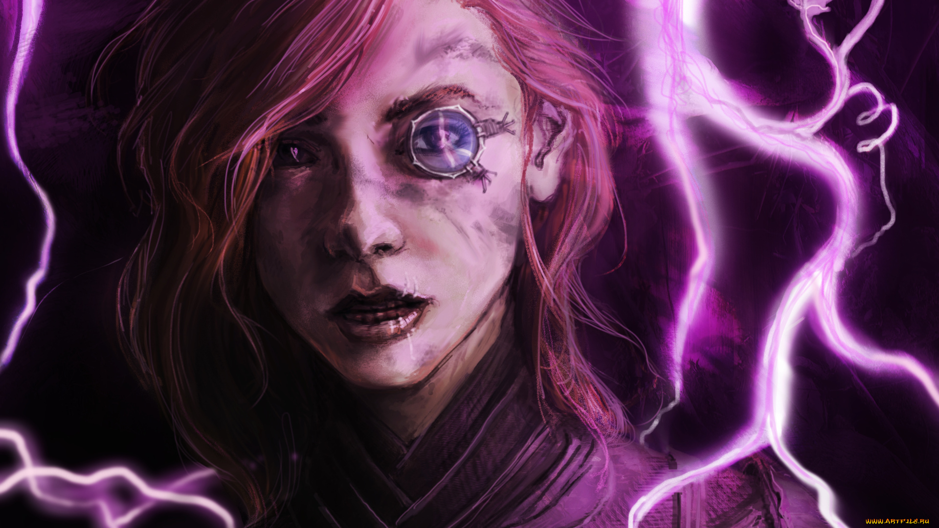 фэнтези, девушки, девушка, фон, взгляд, монокль, молния