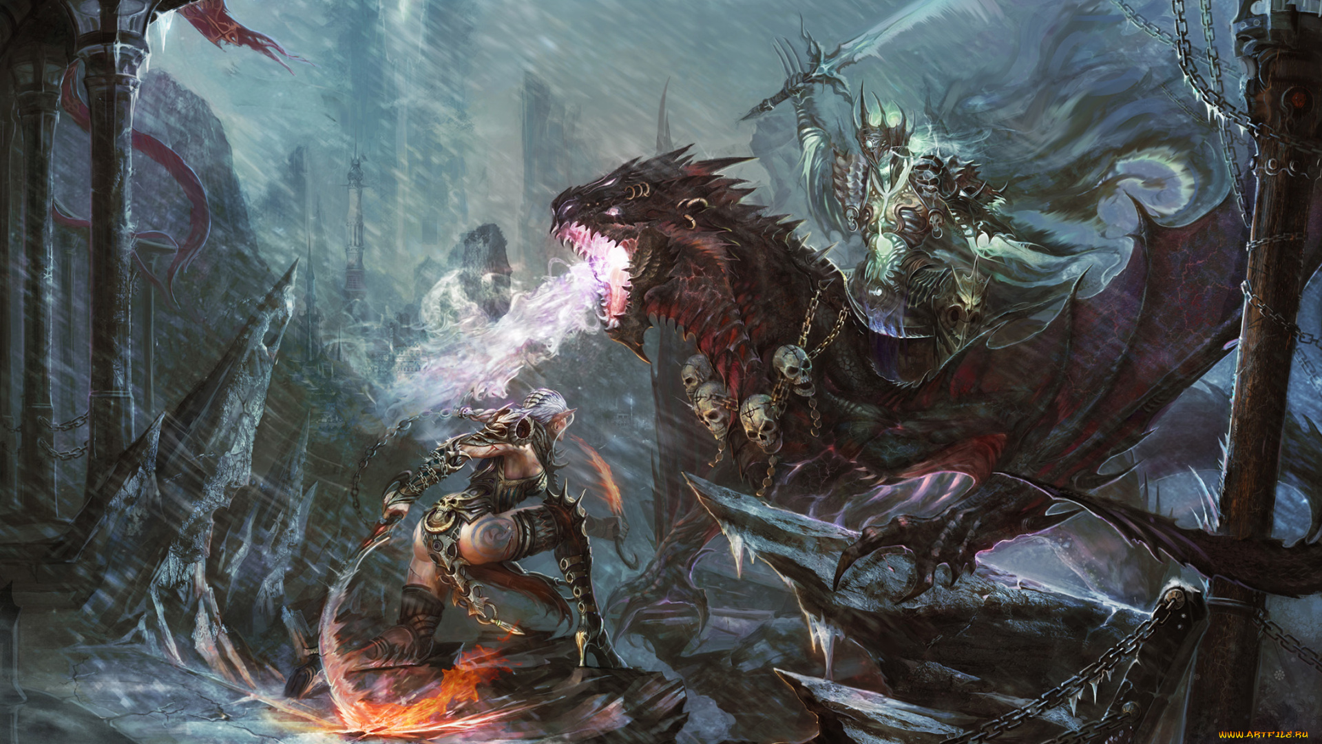 фэнтези, драконы, битва, нападение, дракон, огонь, чудище, рыцарь, девушка