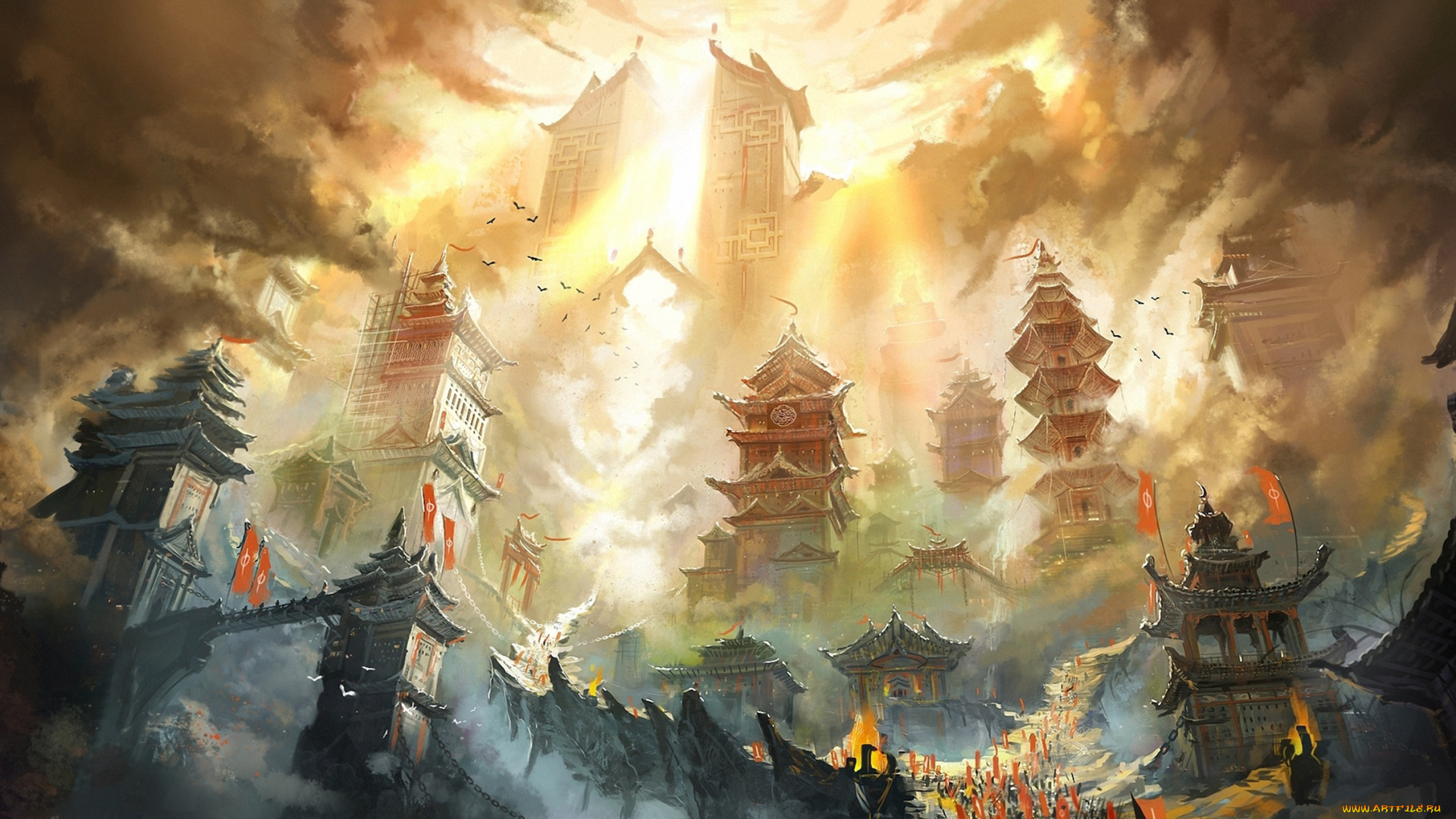 фэнтези, иные, миры, , иные, времена, горы, огонь, китай, небоскрёбы, город, поднебесная