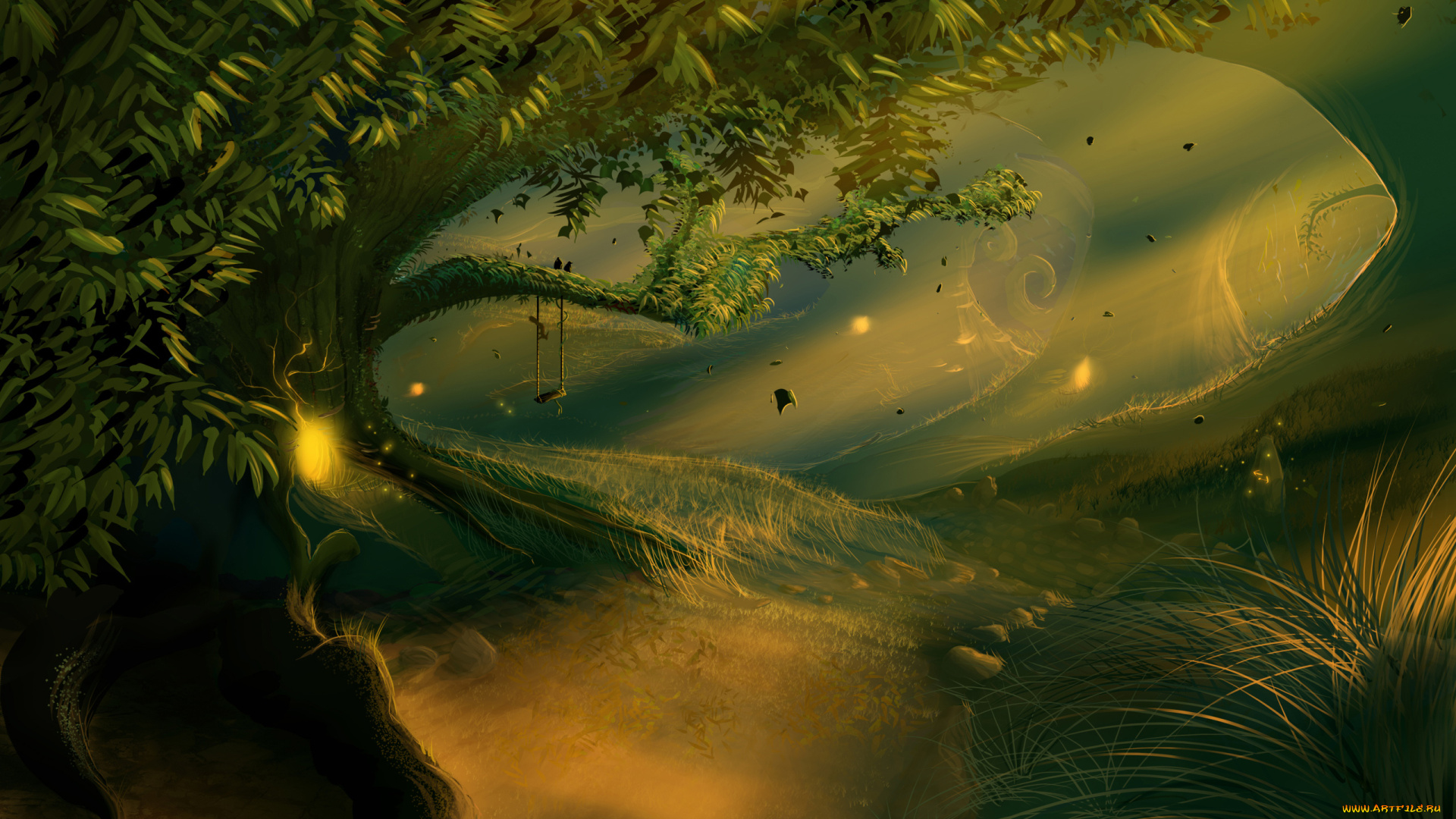 фэнтези, иные, миры, , иные, времена, лес, сказка, волшебный, сказочный, деревья, трава, качели