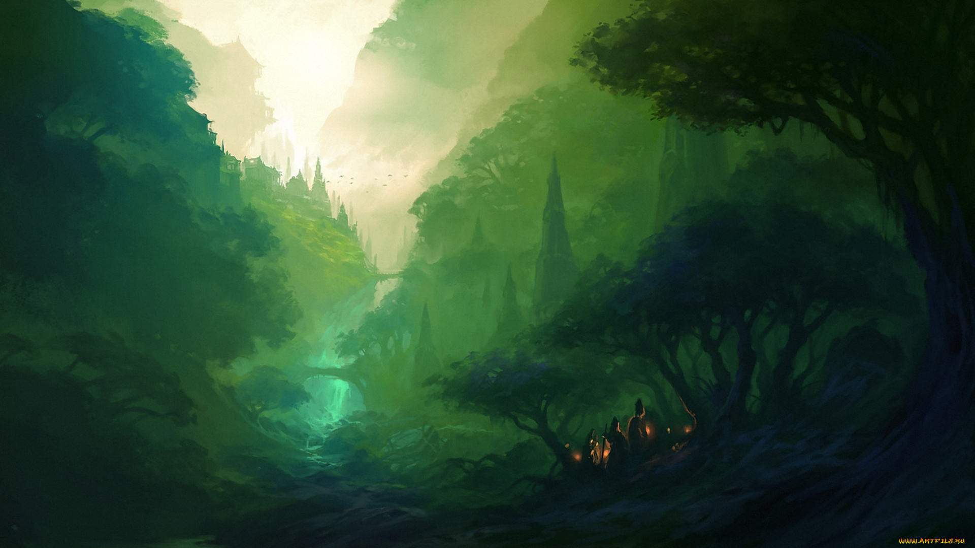 фэнтези, иные, миры, , иные, времена, зелень, долина, дорога, город, деревья, костер